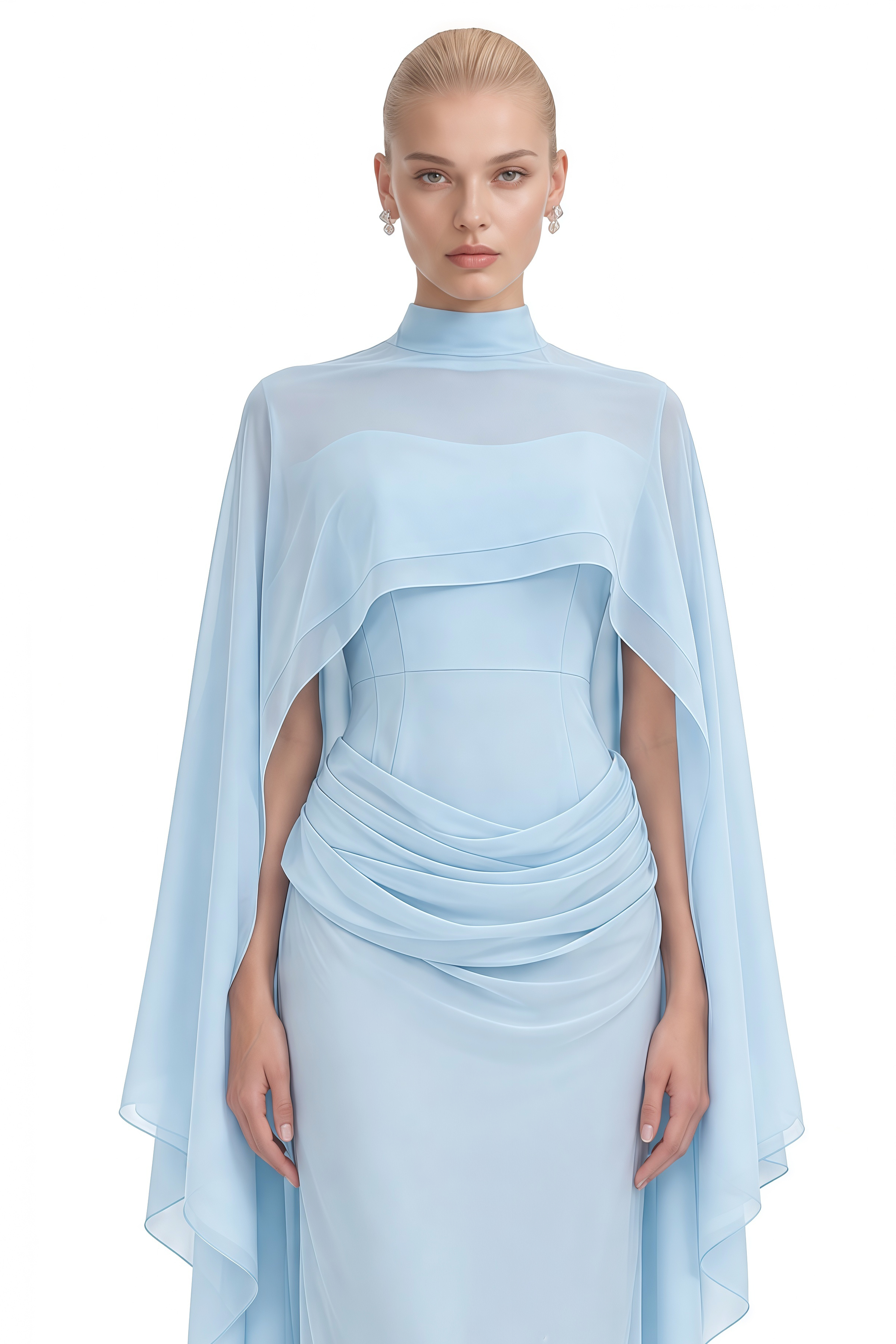 Althea Light Blue Turtleneck Cape Maxi Dress