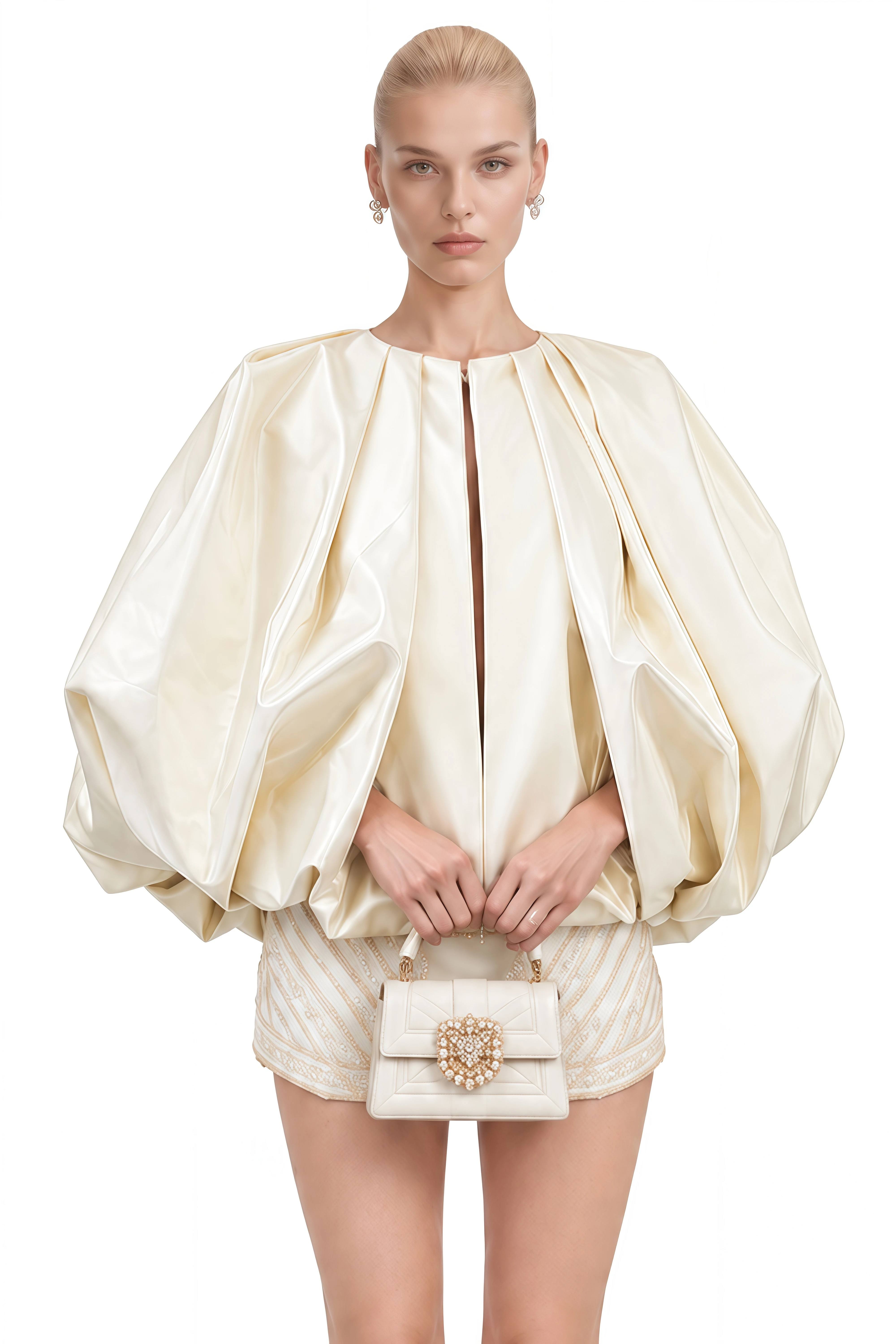 Brontë Neutral Puff Sleeve Pleated Blouse