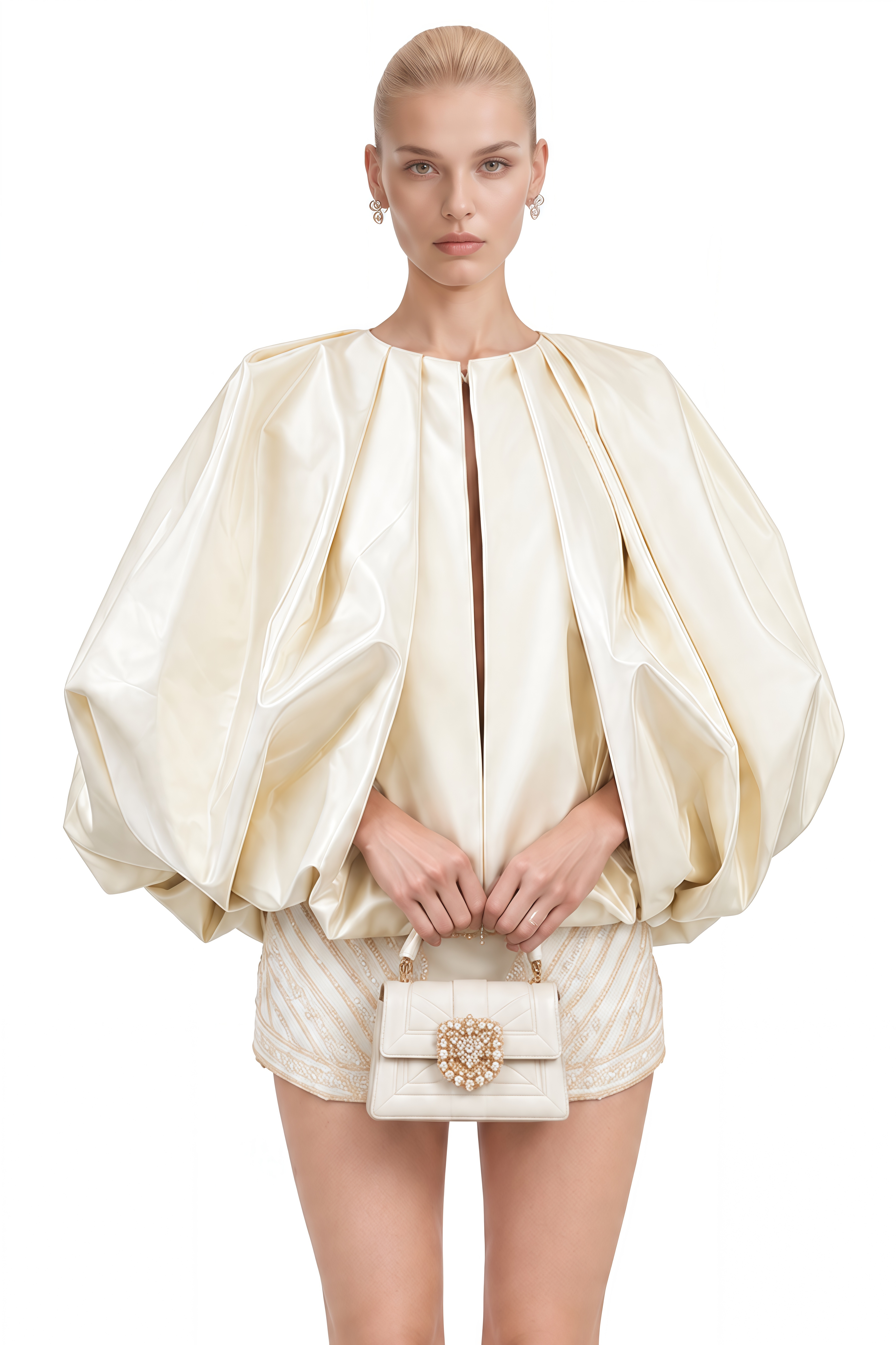 Brontë Neutral Puff Sleeve Pleated Blouse