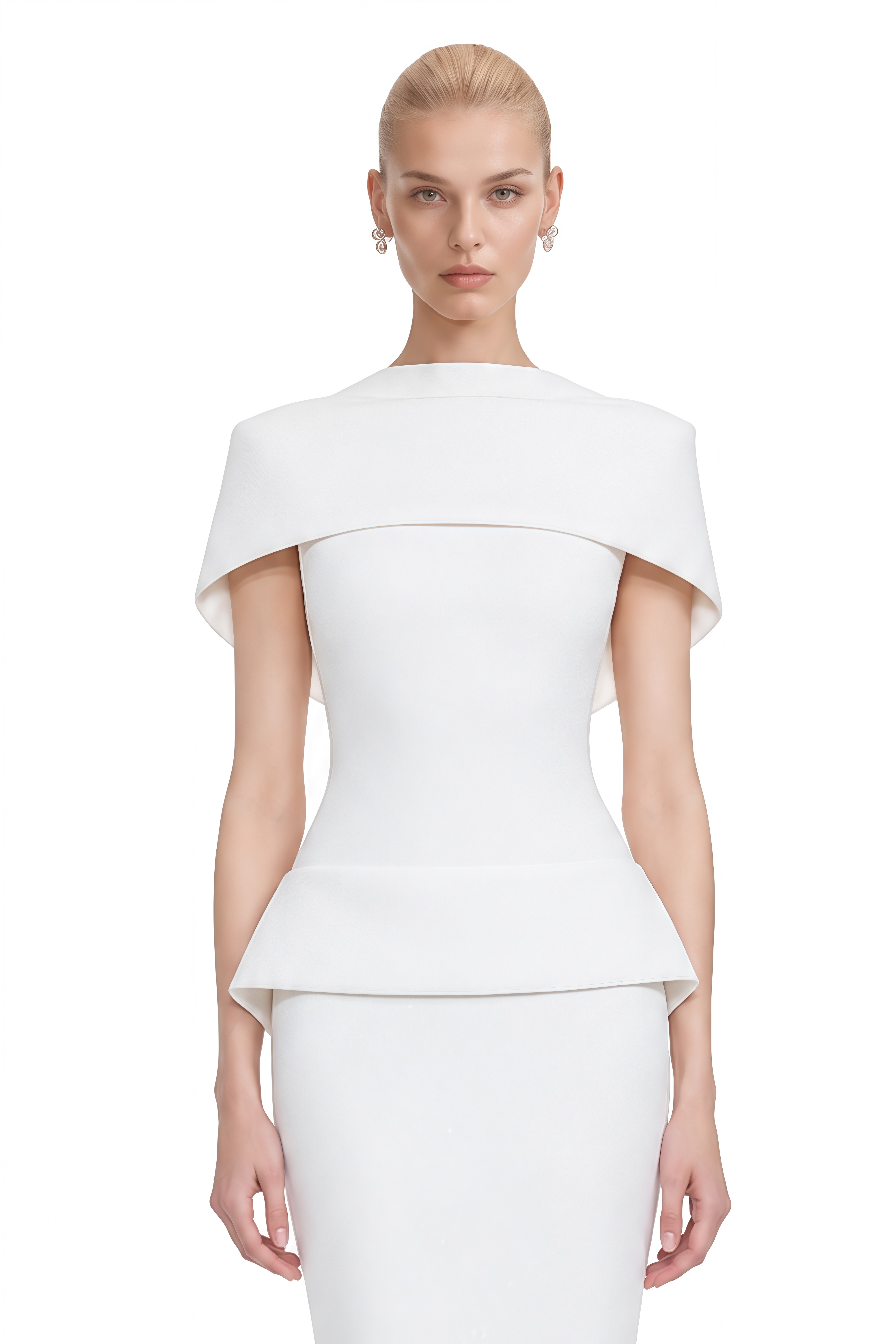 Sophia White Round Neck Cape Top & Skirt Set