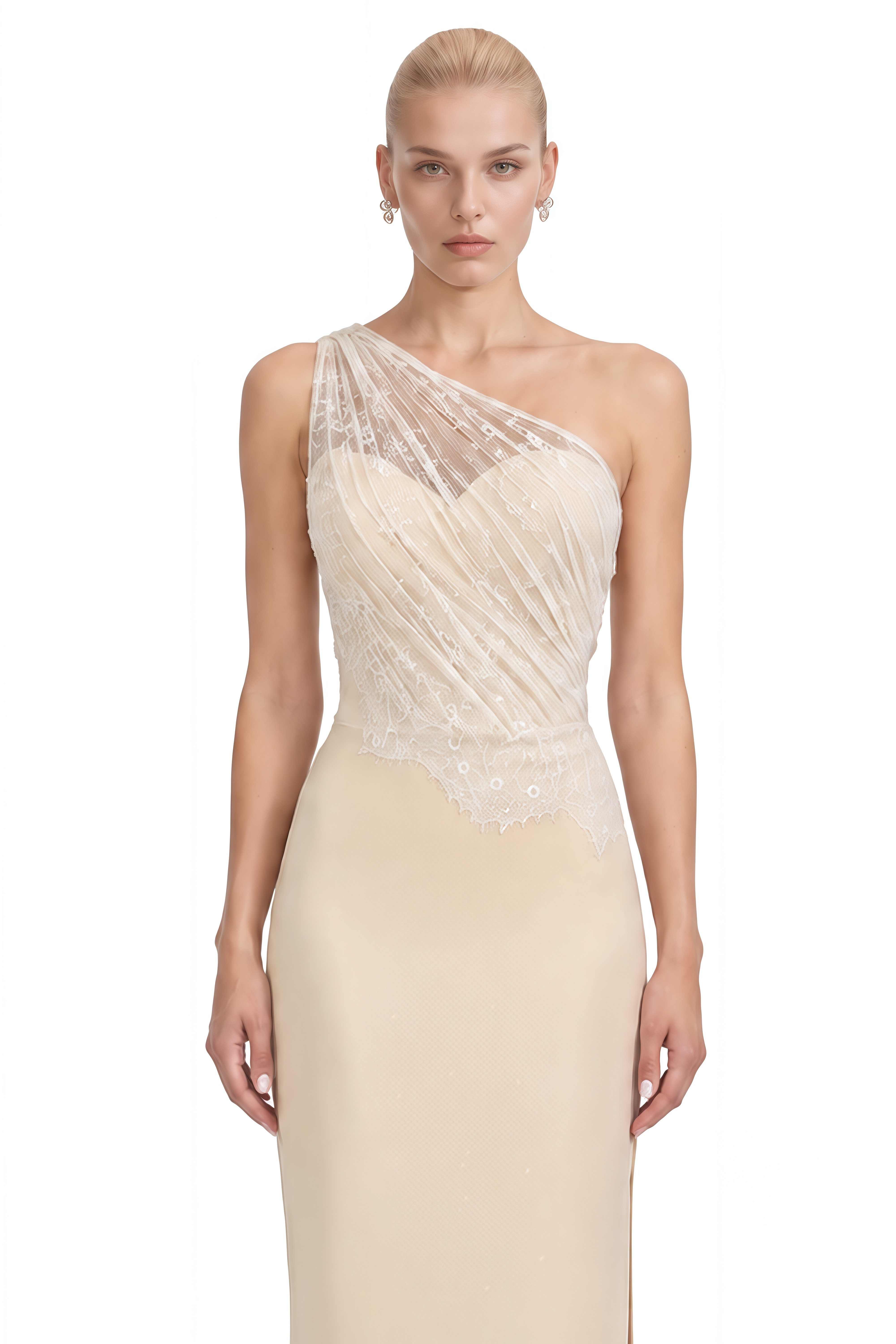 Stella Neutral One-Shoulder Lace Maxi Dress