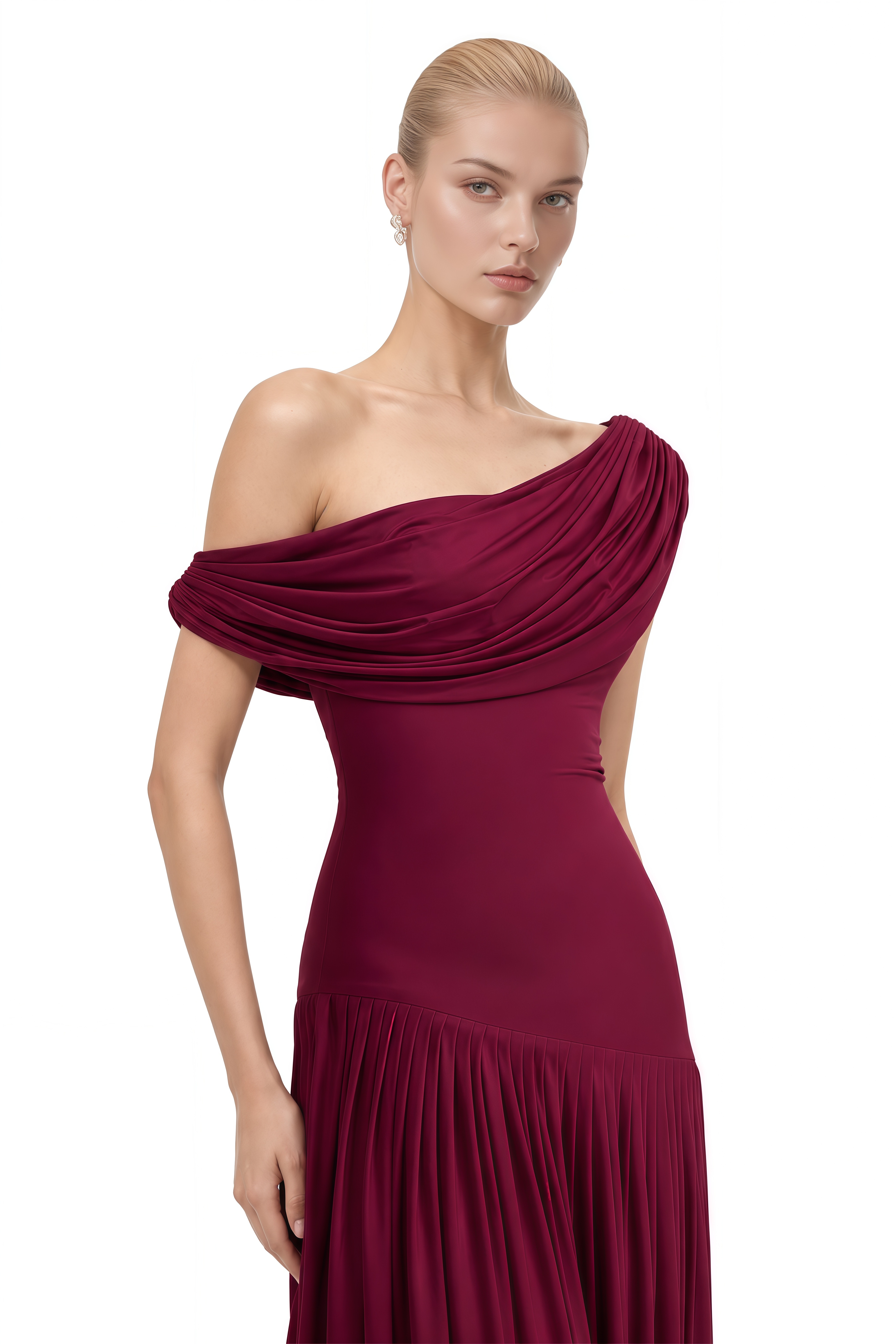Rosie Burgundy Asymmetrical Pleated Maxi Dress