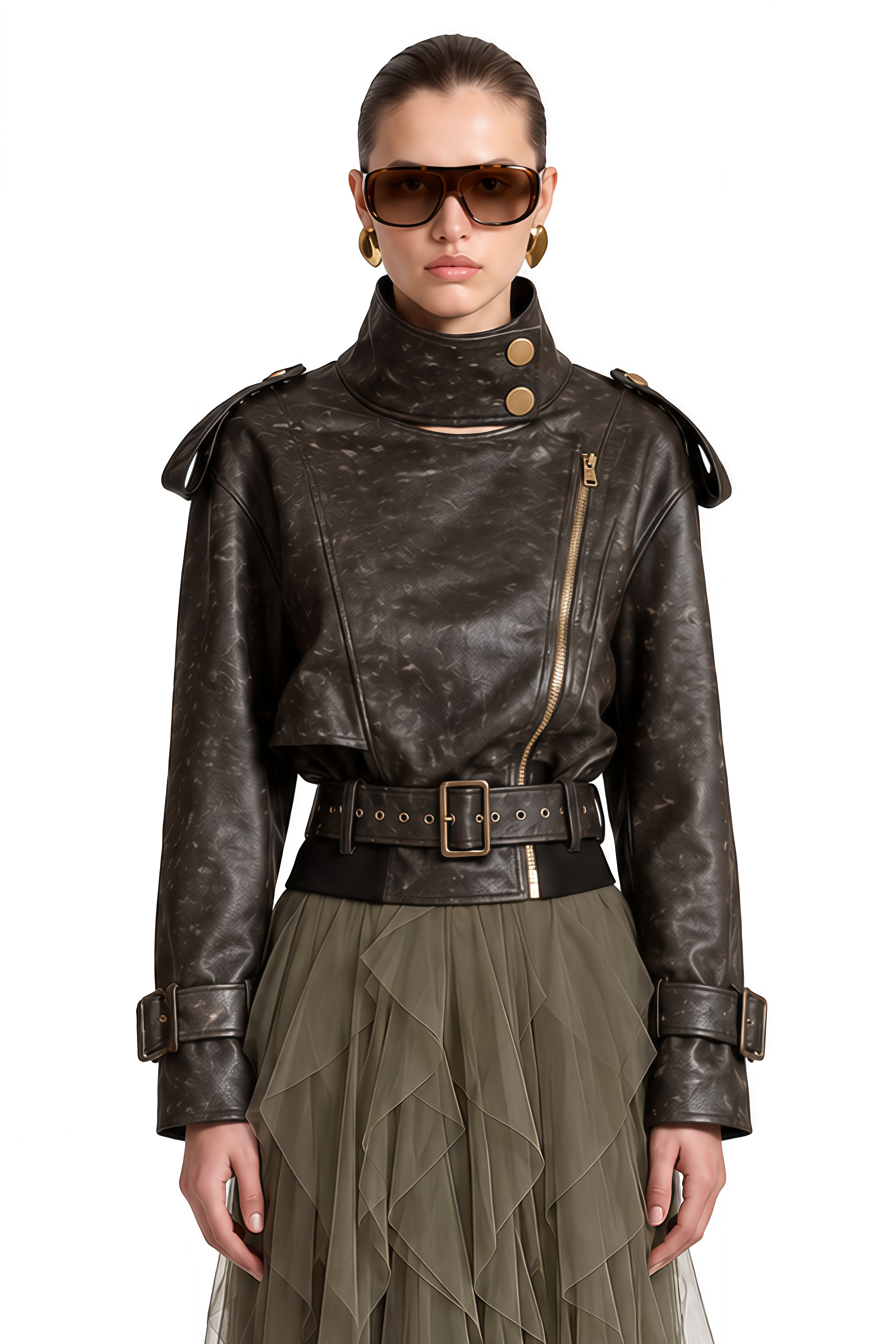 Theodora Olive Green Structured Ruffled Jacket & Skirt Set