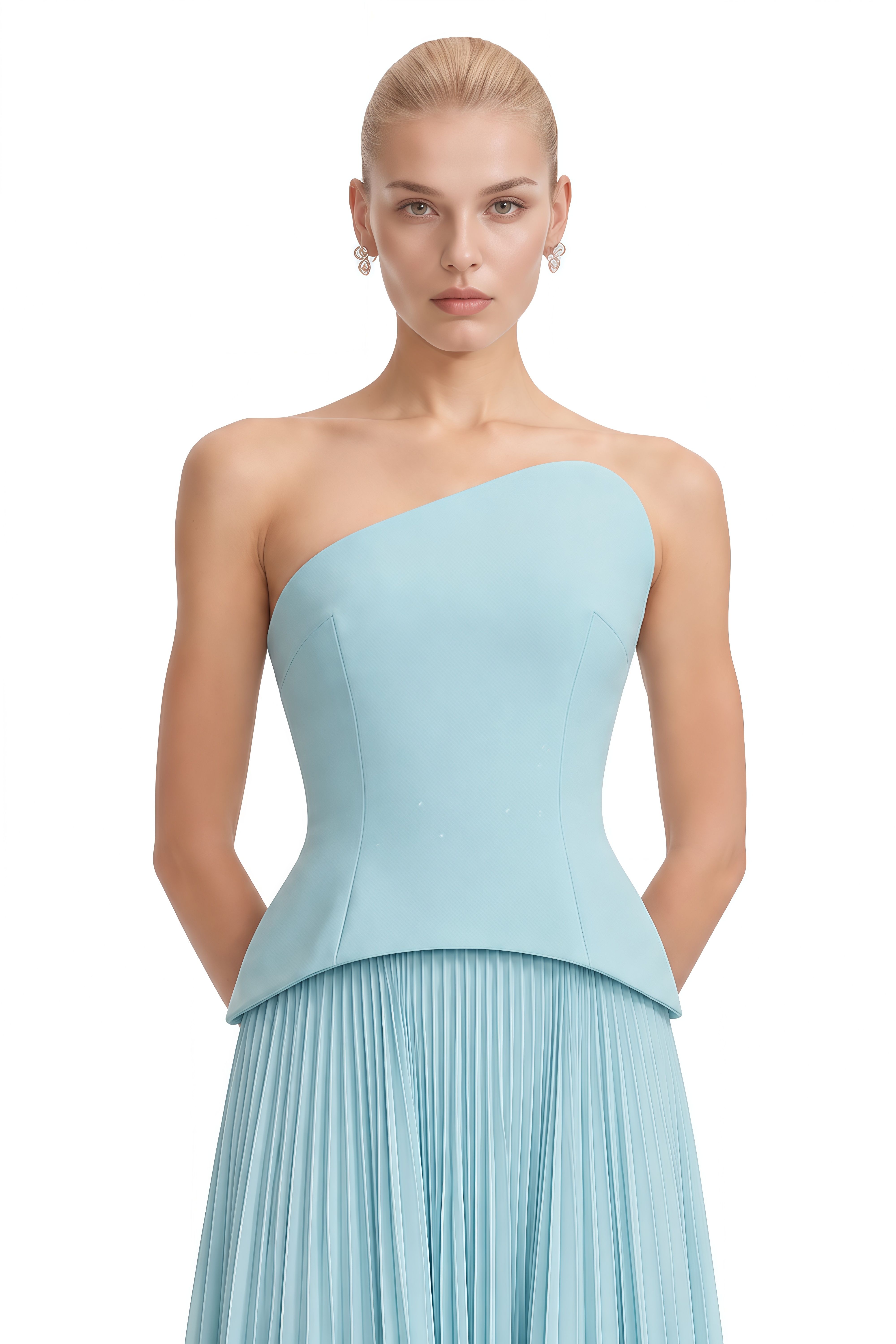 Elowen Arctic Blue Asymmetrical Pleated Top & Skirt Set