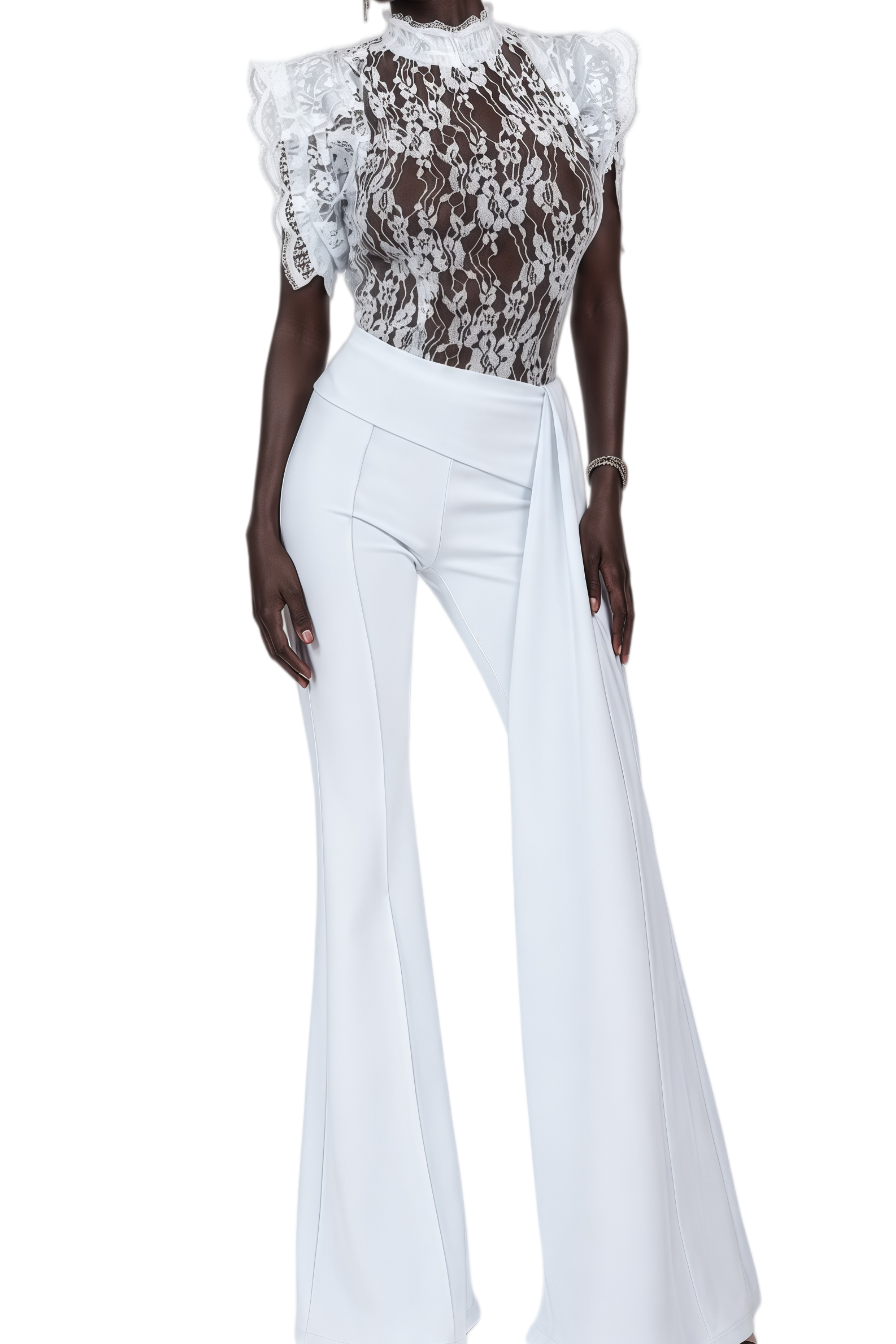 Mireille White Asymmetrical Lace Top & Trousers Set