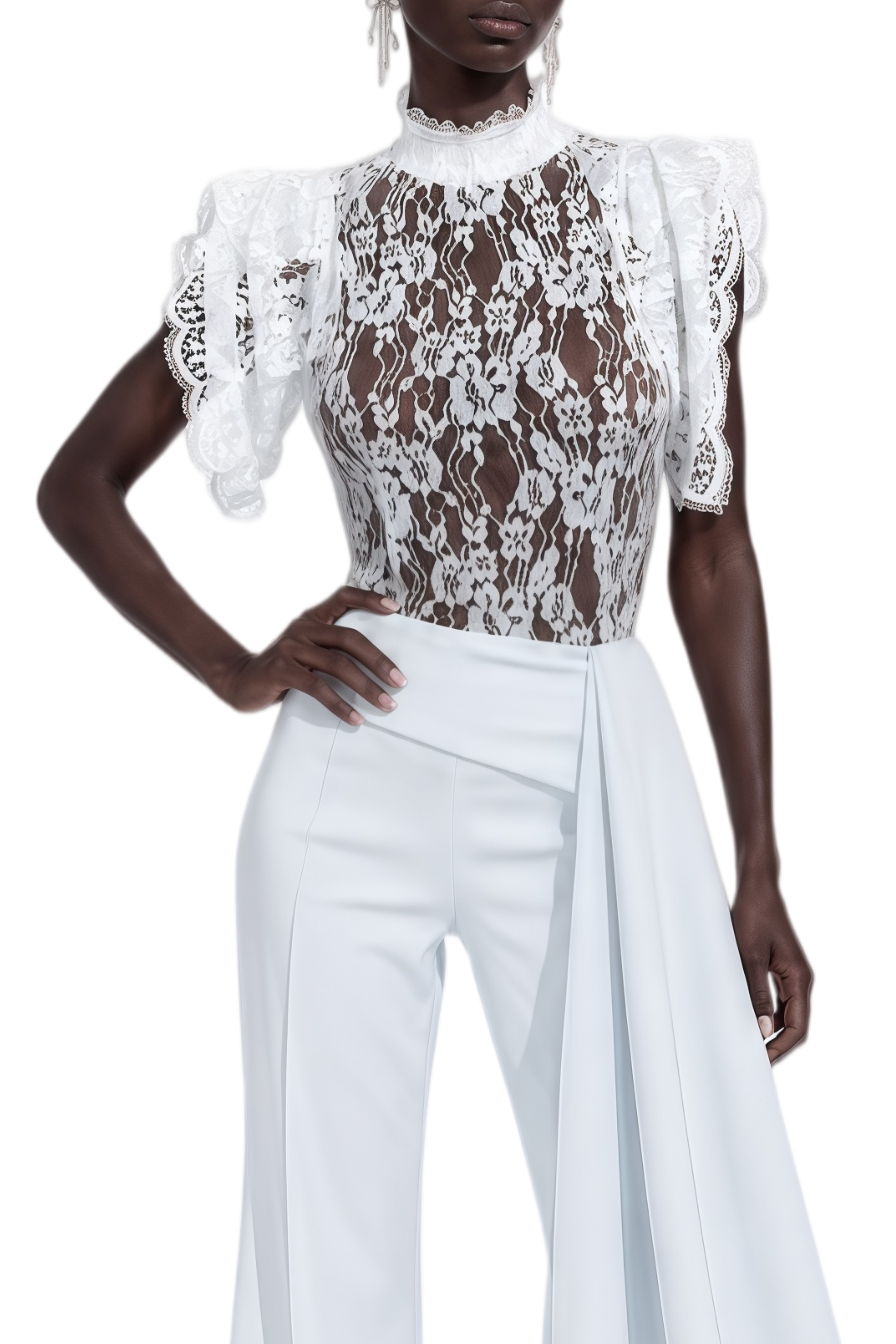 Mireille White Asymmetrical Lace Top & Trousers Set