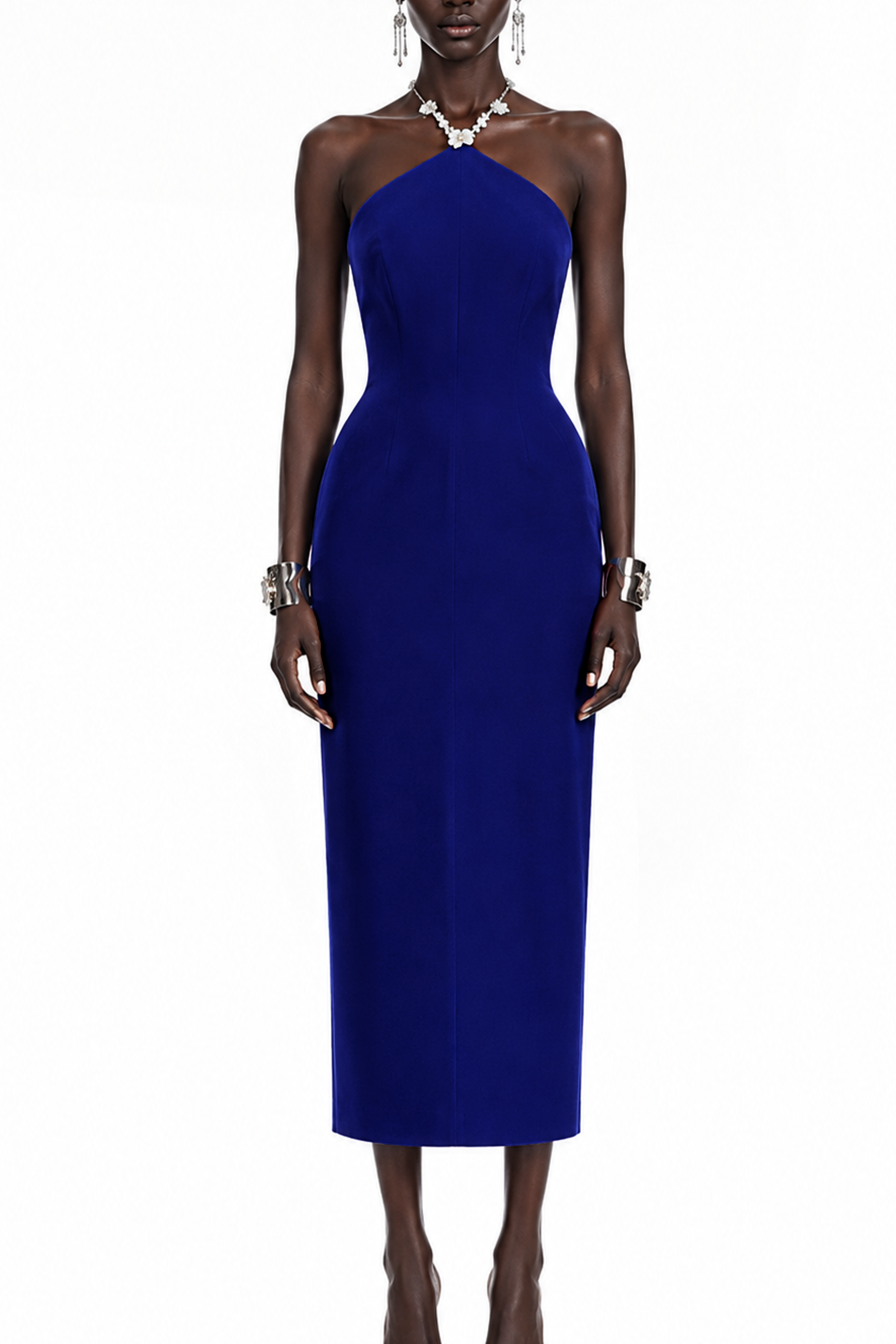 Camille Navy Halterneck Asymmetrical Midi Dress