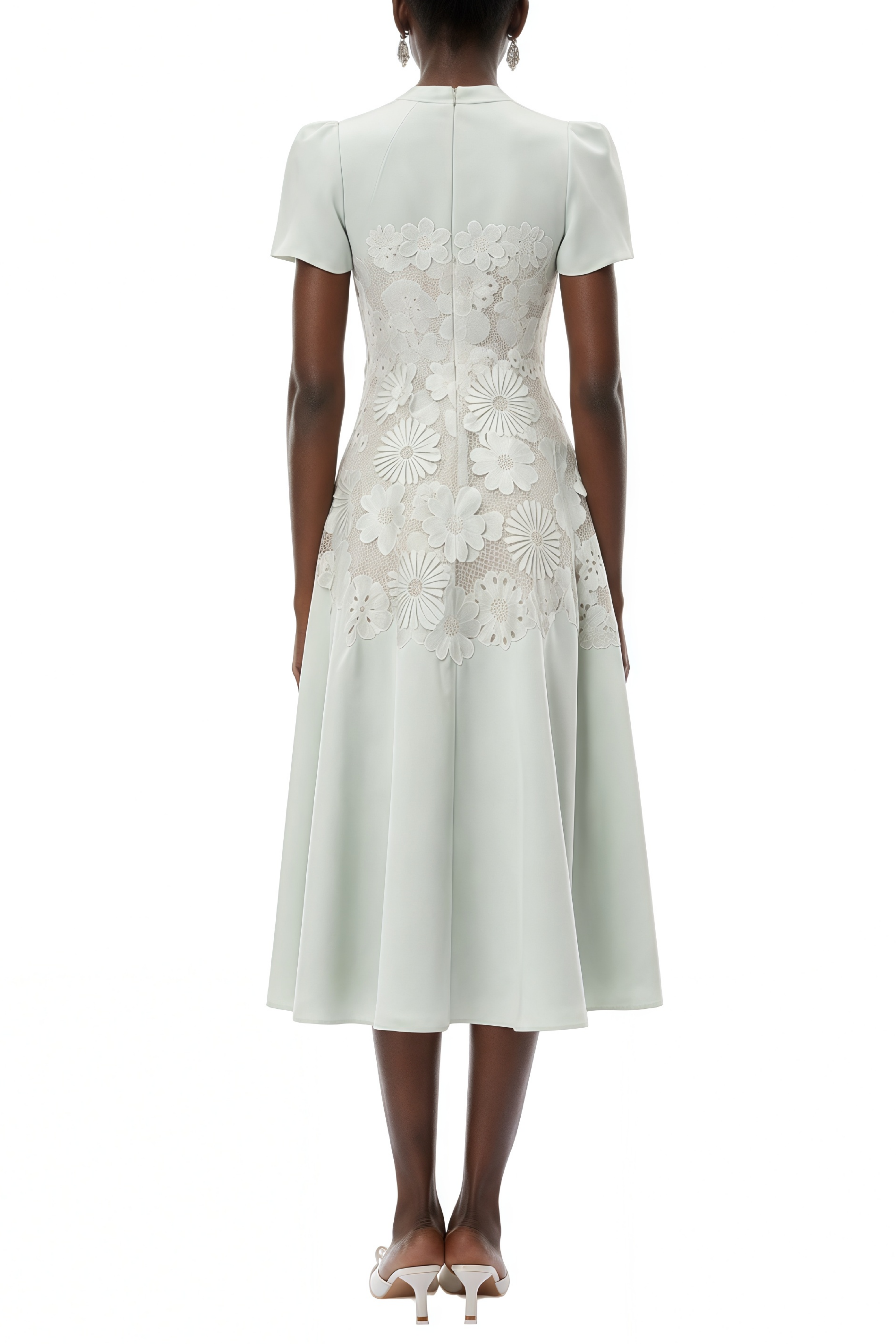 Elaine Mint Green 3D Floral Appliqué Pleated Midi Dress