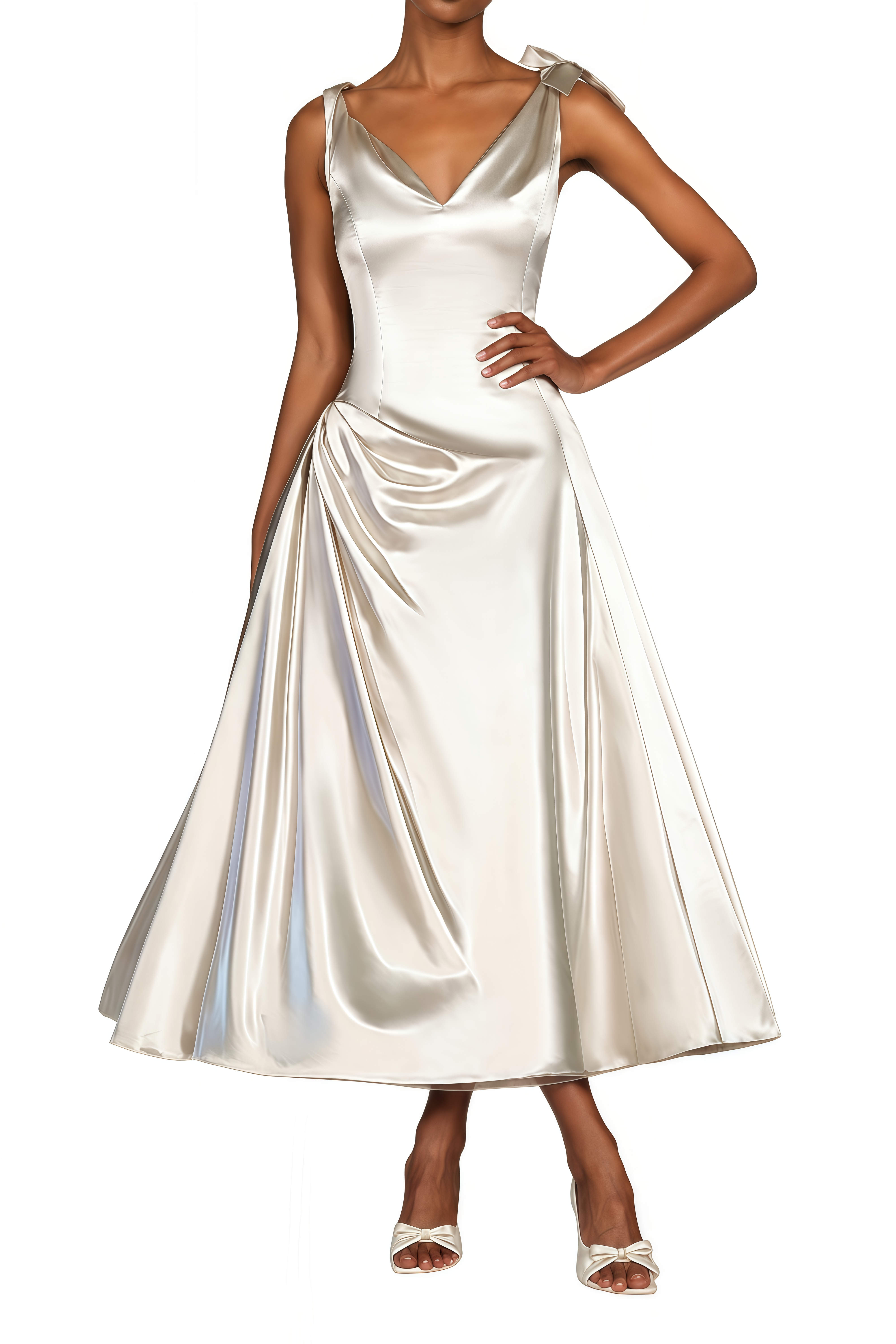 Mireille Silver Bow Detail Draped Midi Dress