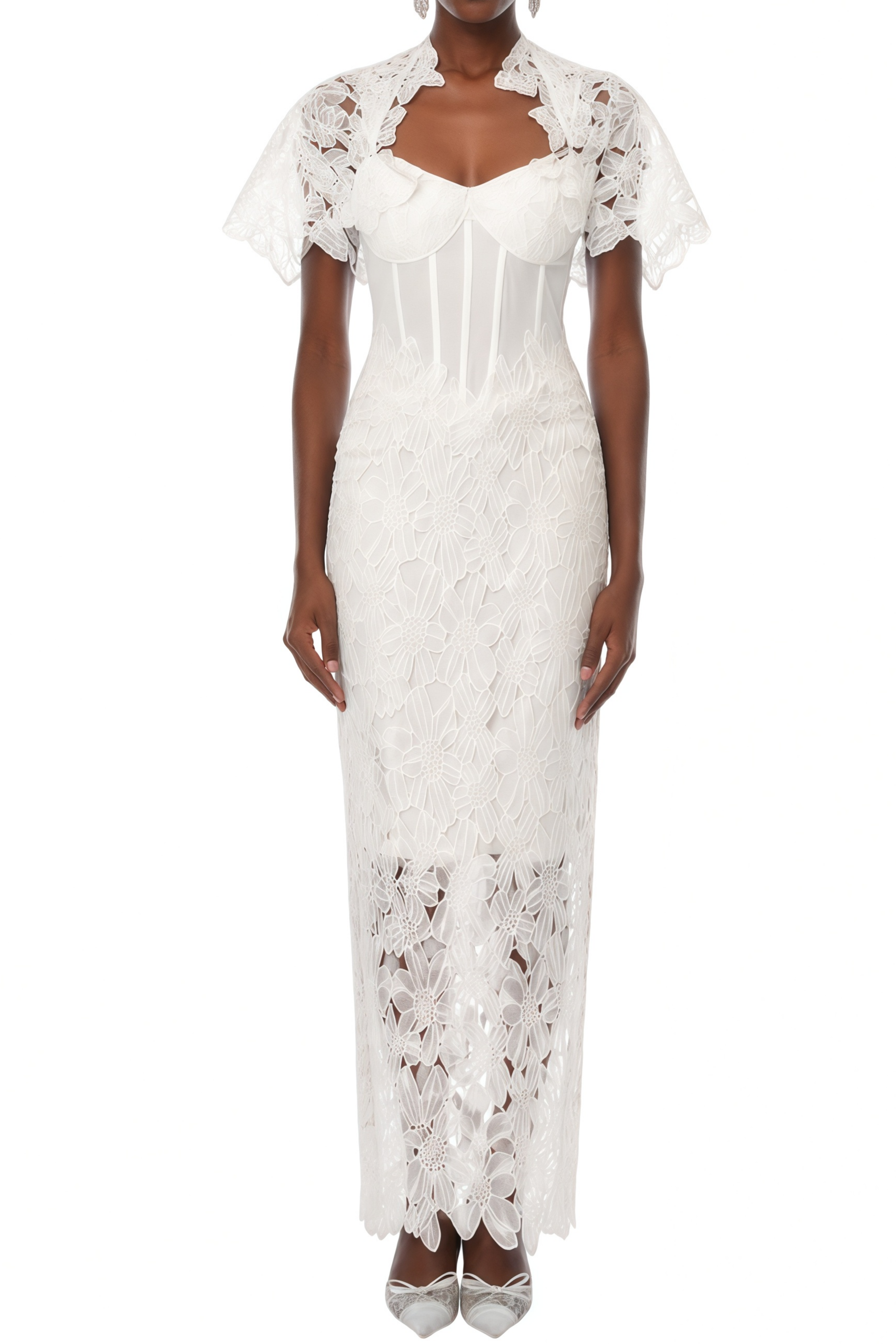 Elaine White Floral Lace Shawl & Corset Dress Set