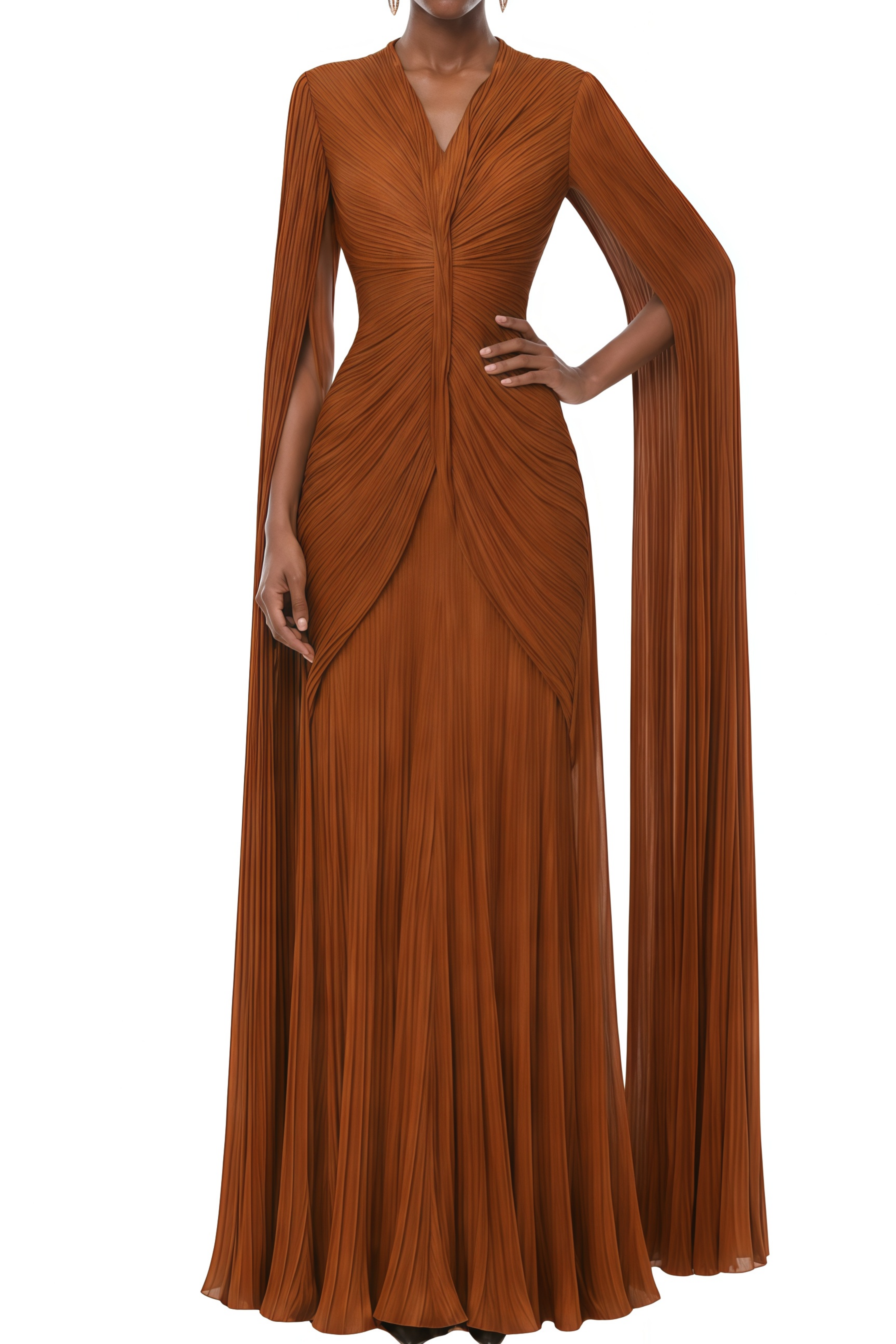 Hedda Brown Cape Sleeve Pleated Maxi Dress