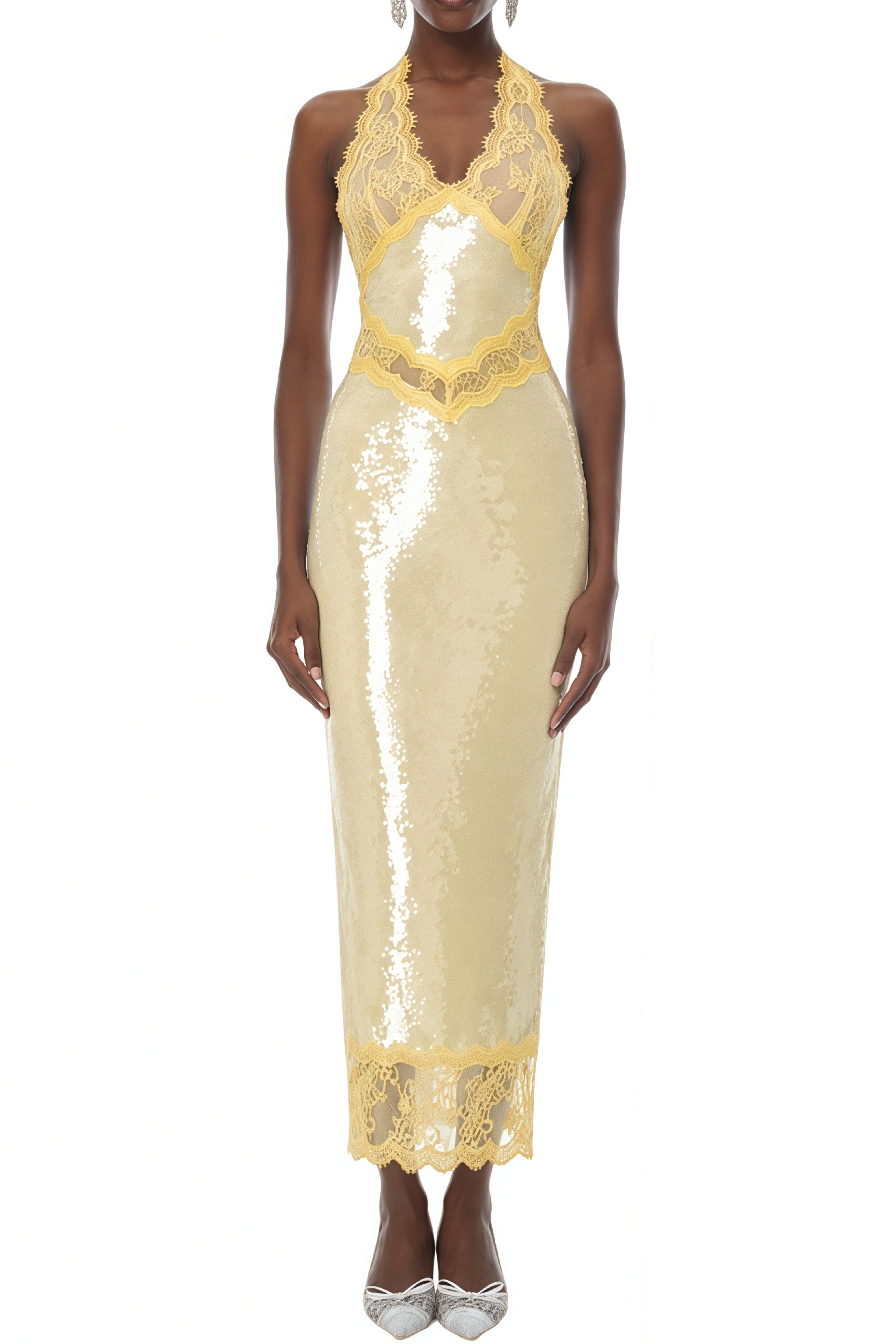 Clio Yellow Halterneck Lace Panel Midi Dress