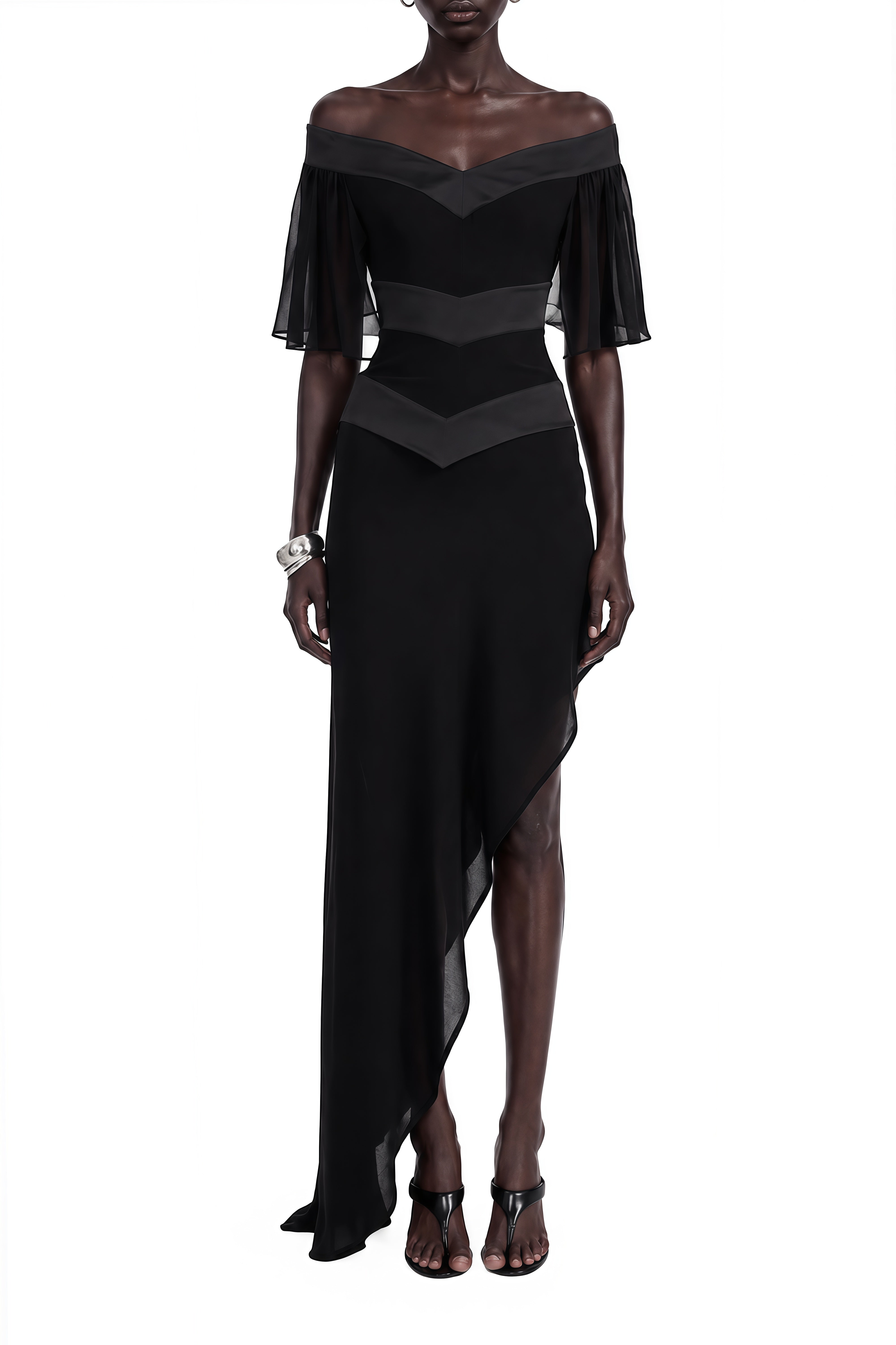 Clover Black Off Shoulder Asymmetrical Top & Skirt Set