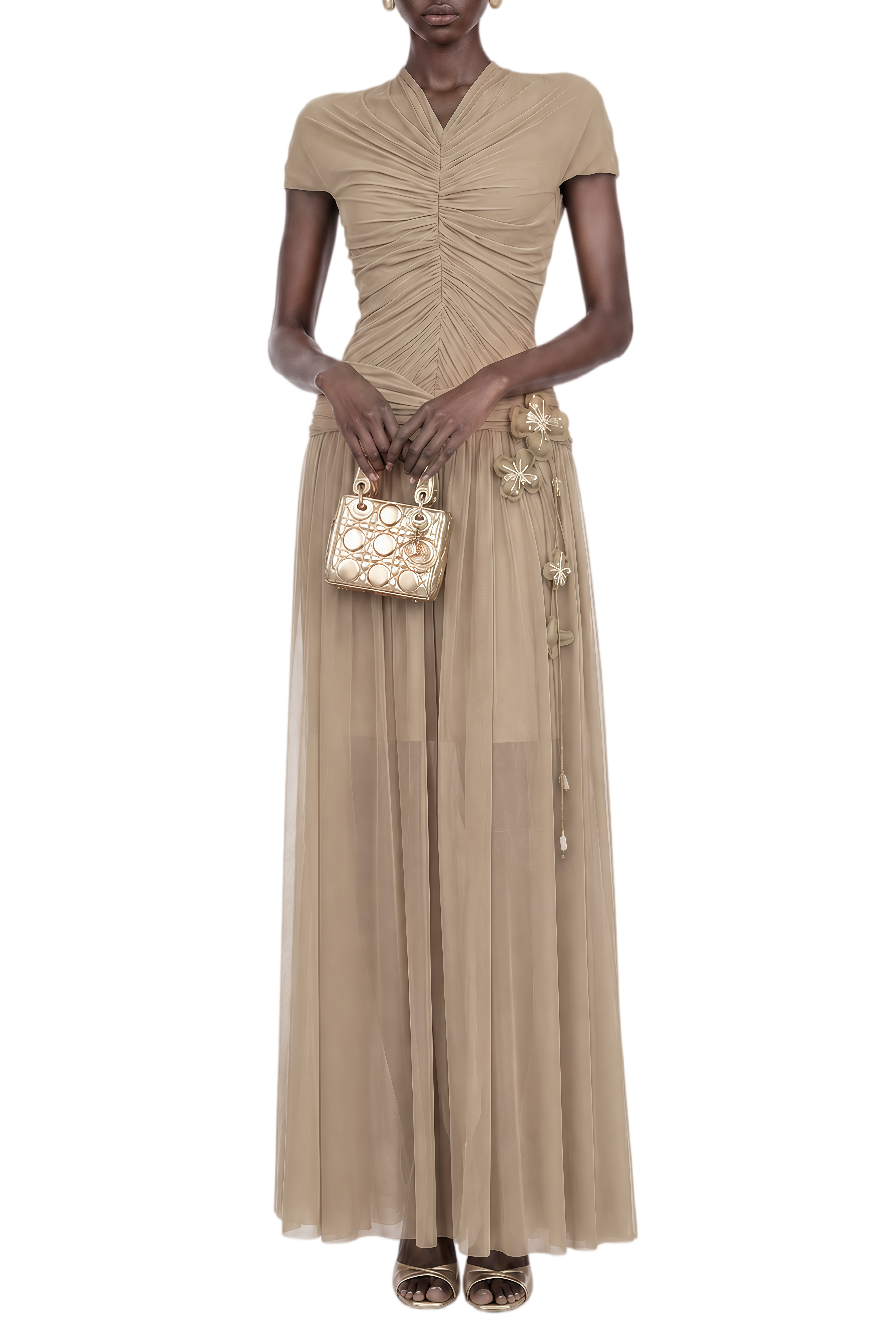 Catherine Brown V-Neck Ruched Maxi Dress