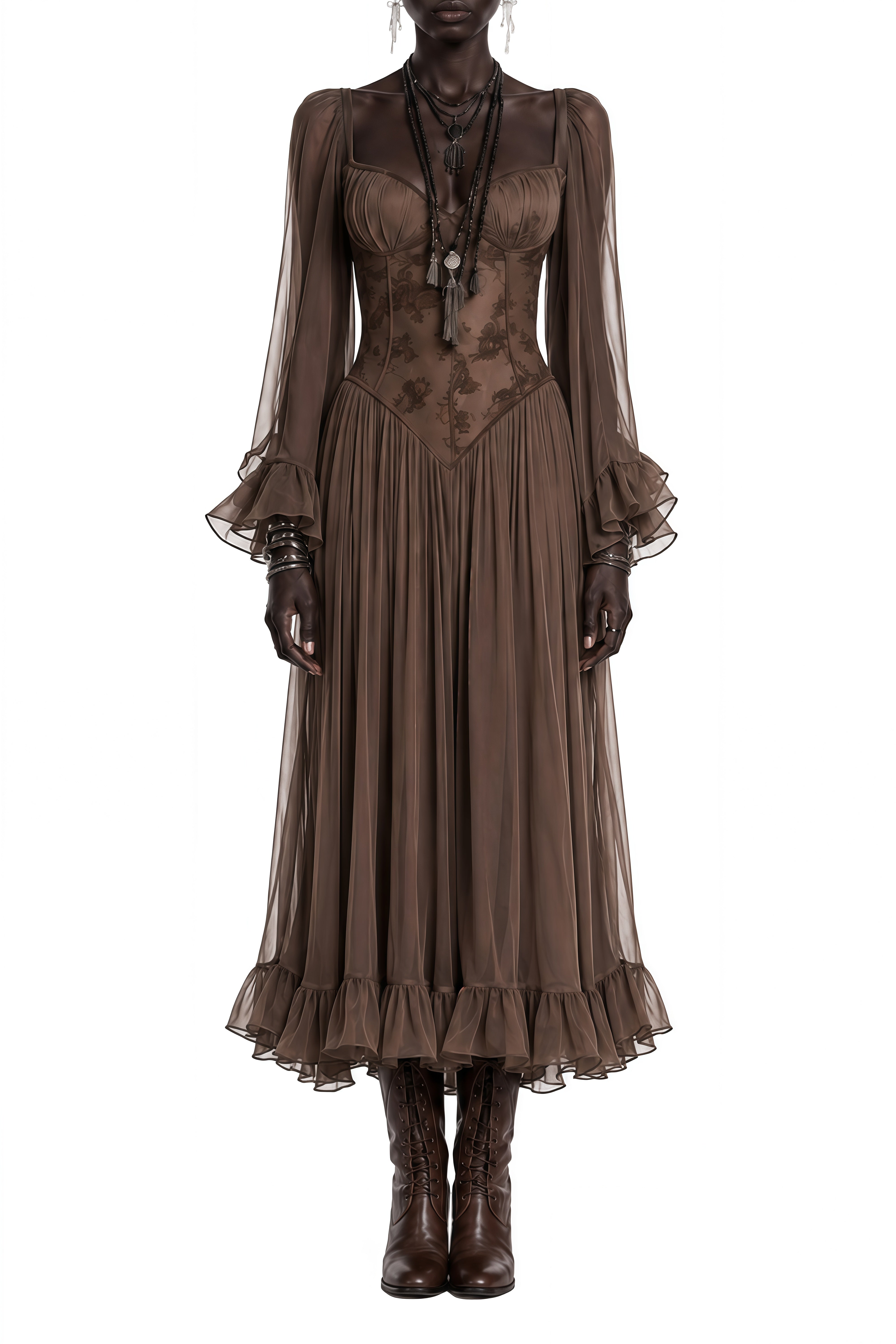 Portia Brown Long Sleeves Ruffled Midi Dress