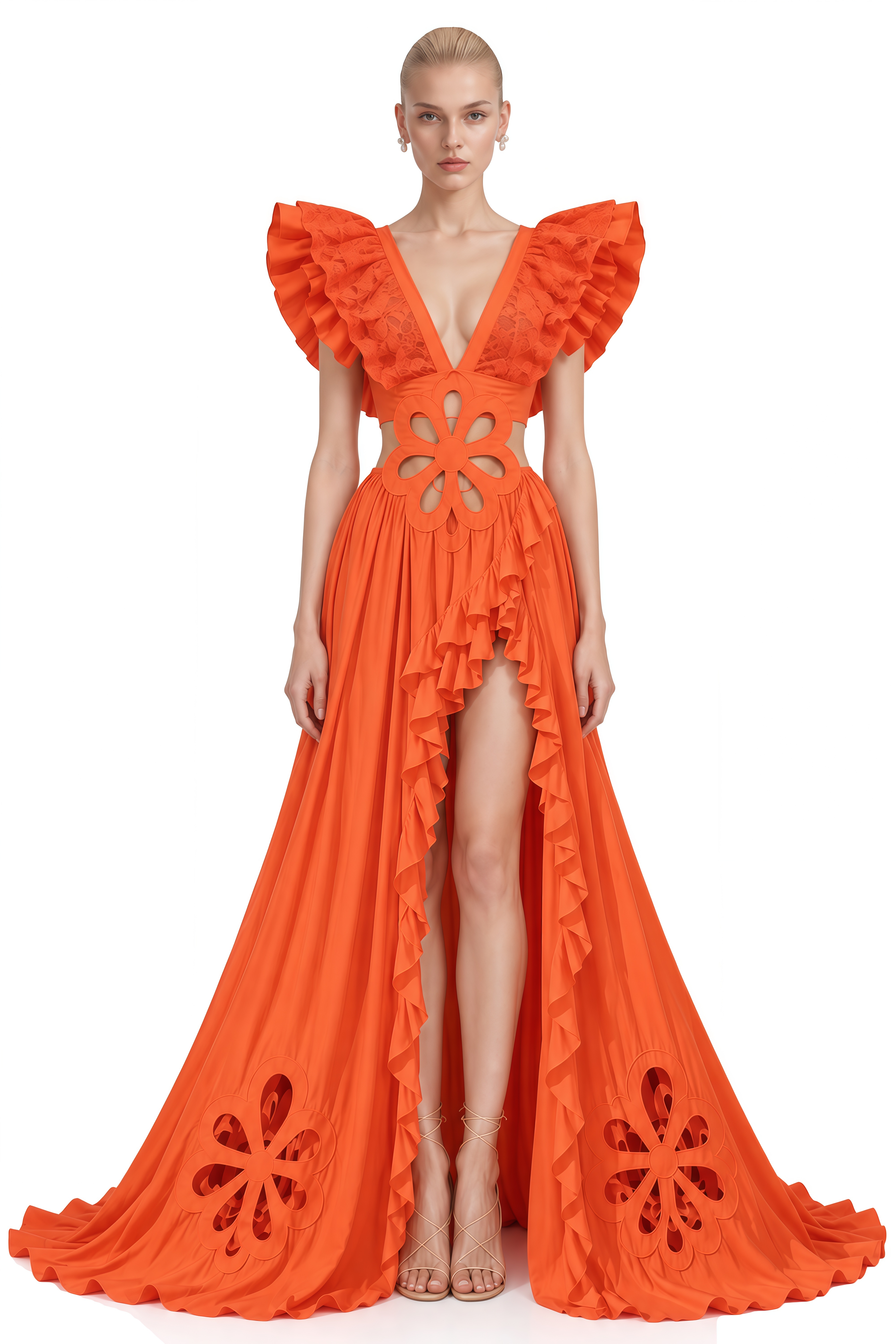 Vesper Orange Sleeveless Floral Cut-Out Maxi Dress