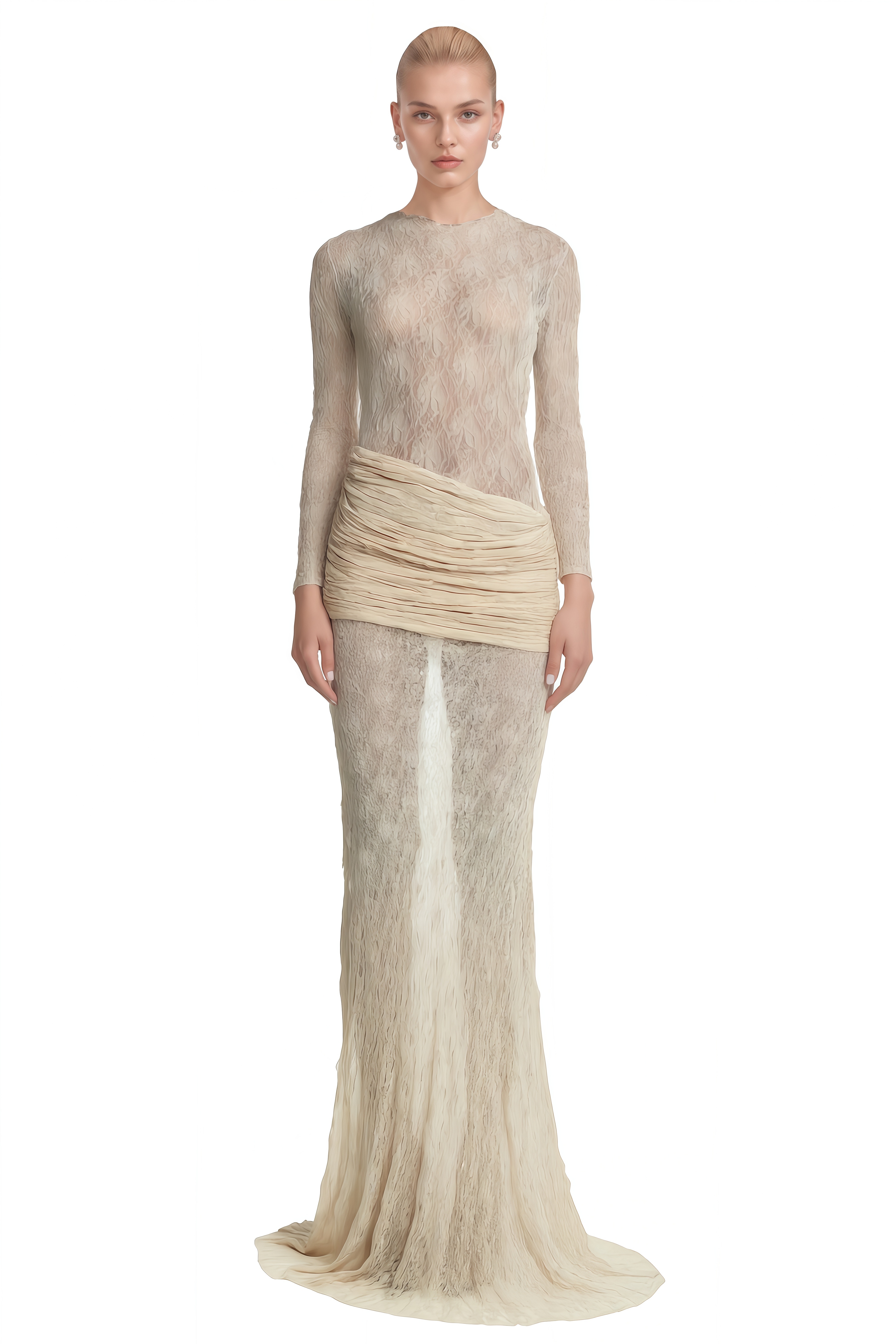 Willow Neutral Round Neck Ruched Maxi Dress