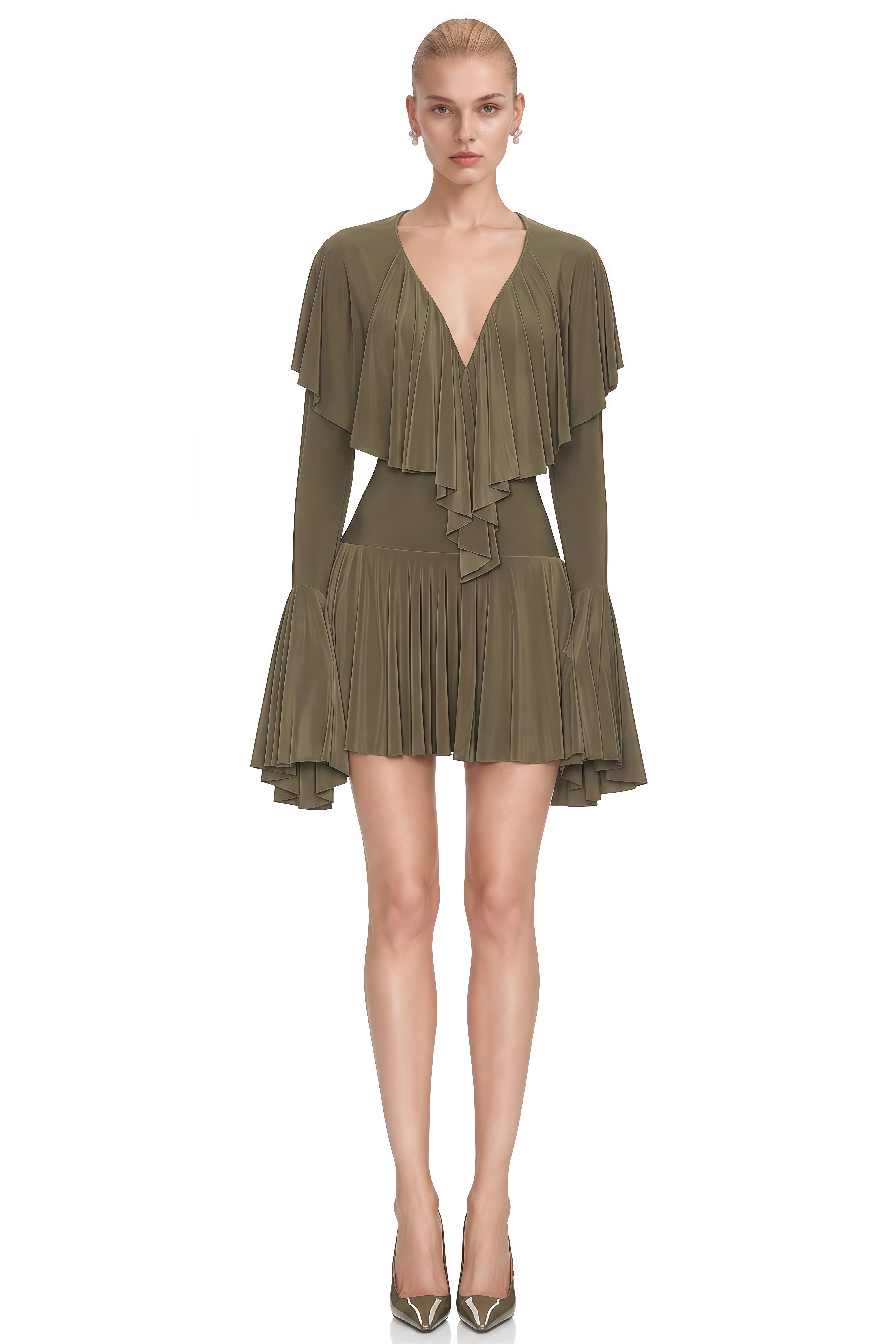 Eleanor Olive Green V-Neck Draped Mini Dress