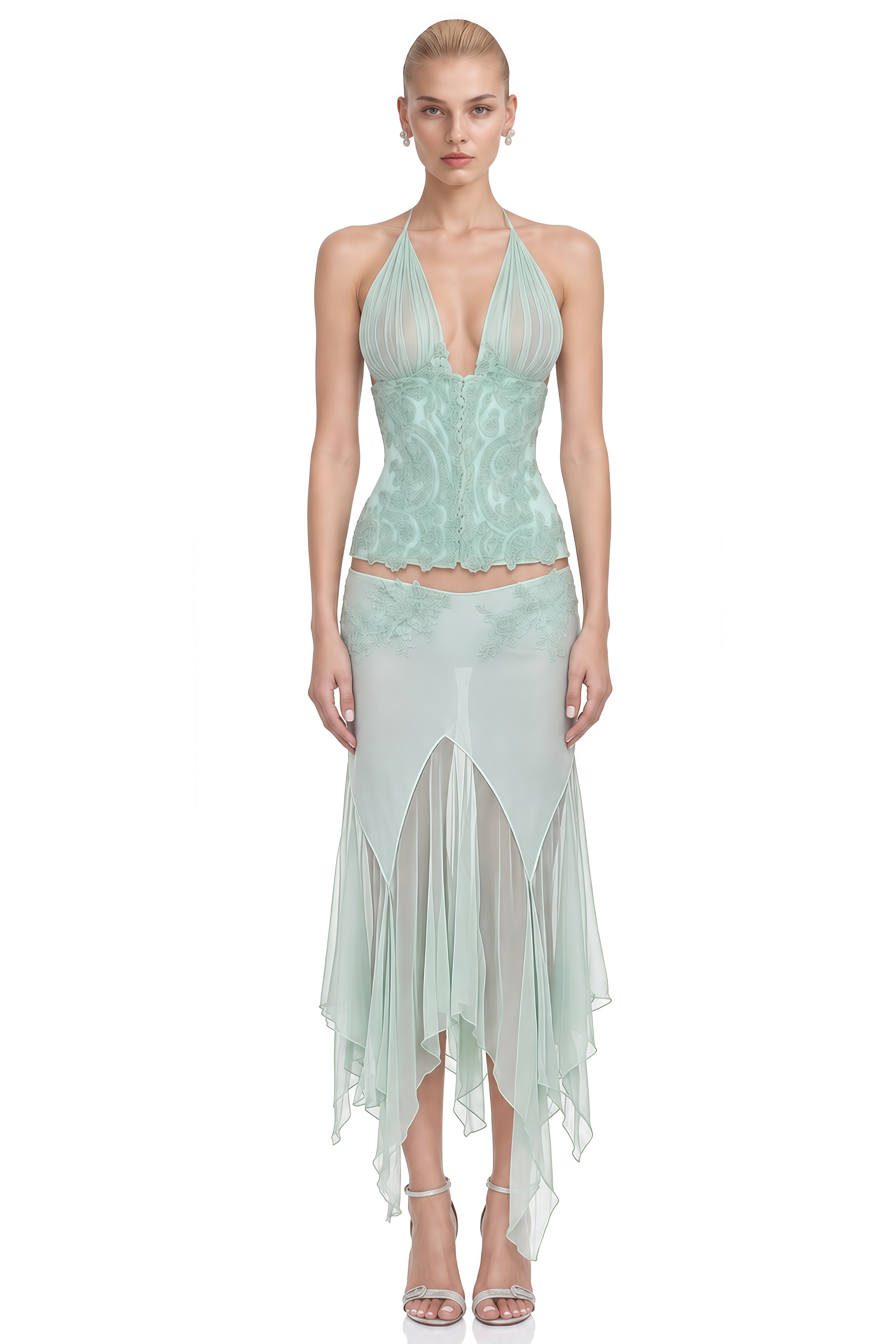 Serenity Green Halterneck Embellished Top & Skirt Set