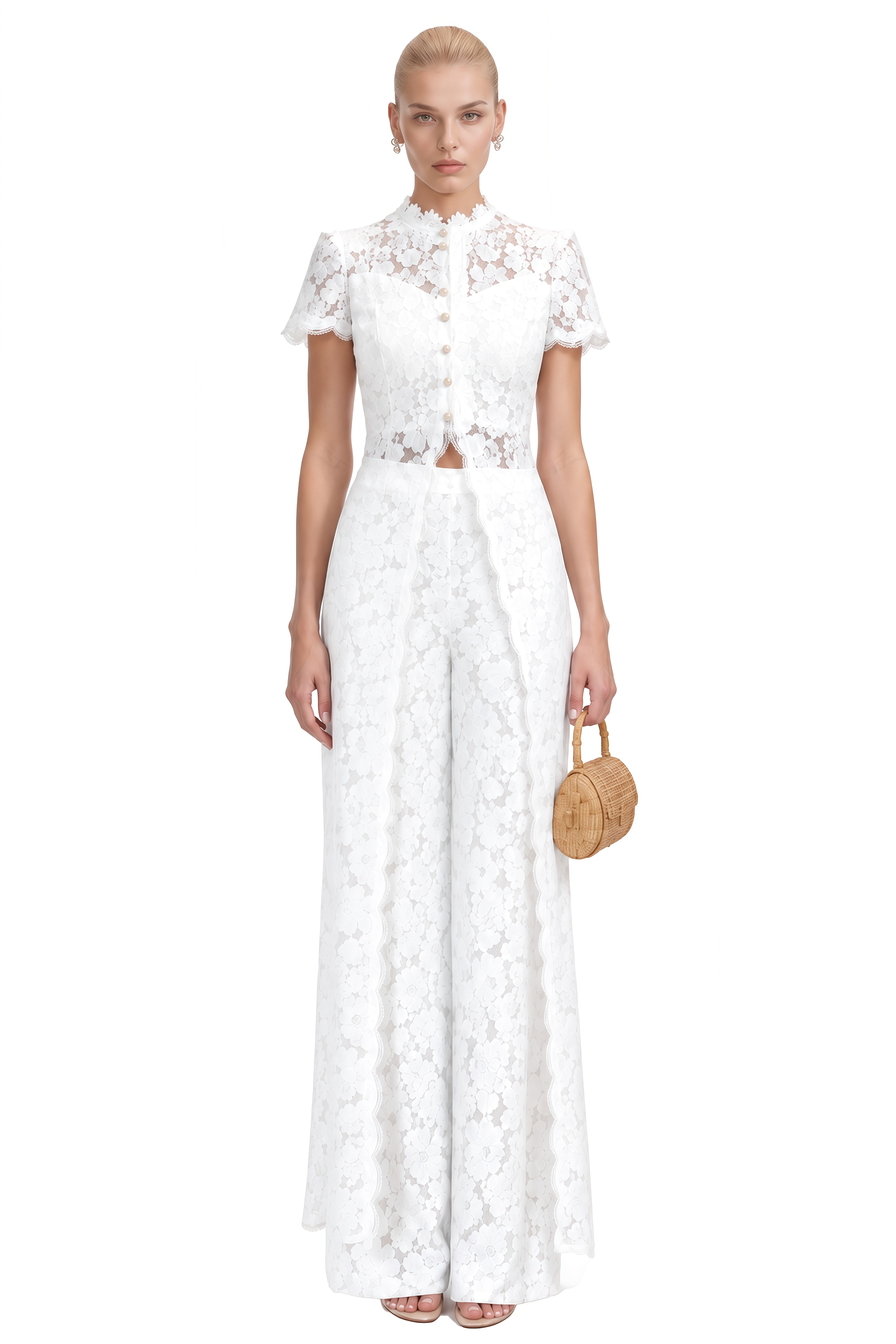 Clarisse White Short Sleeves Lace Blouse & Trousers Set
