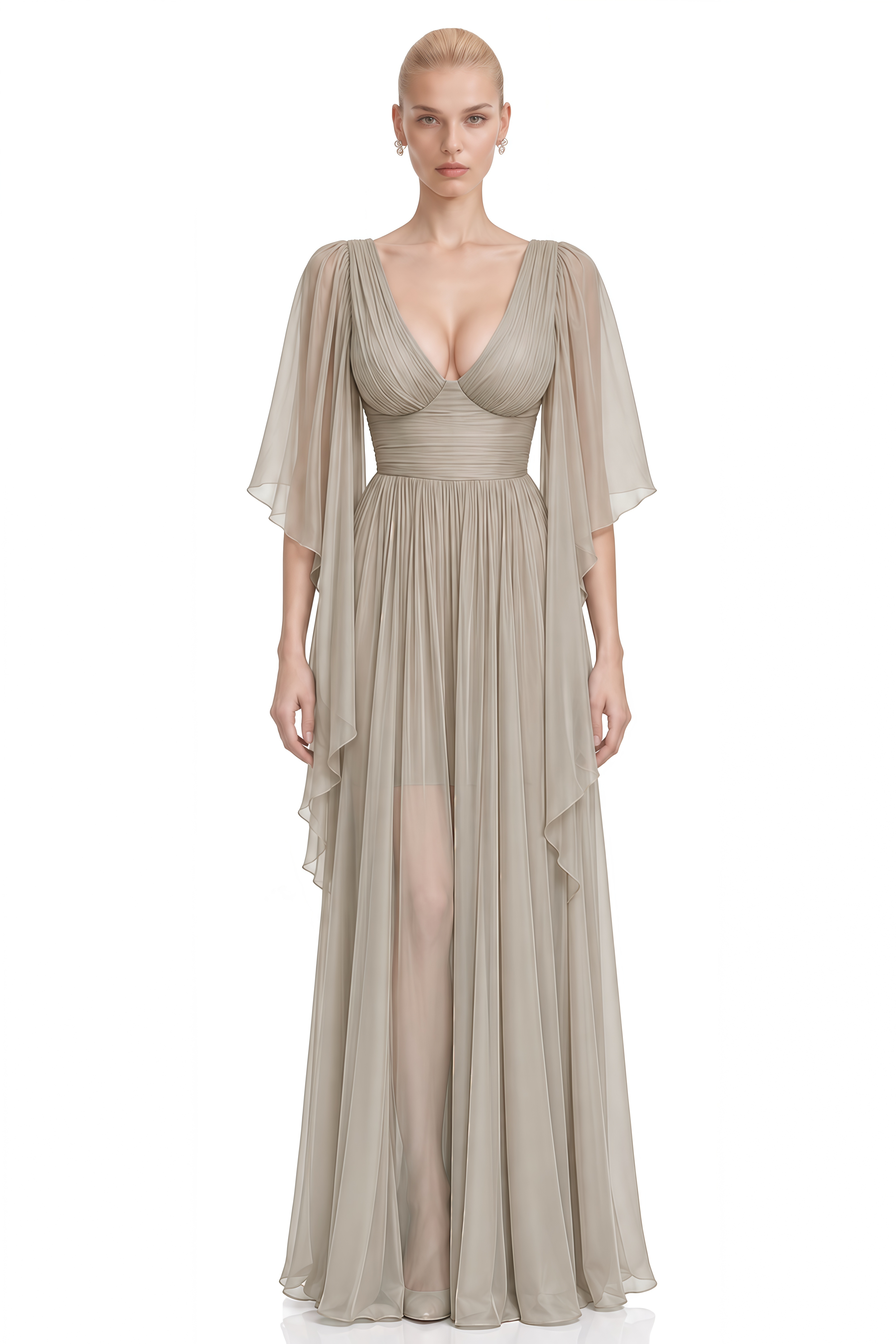 Wren Grey V-Neck Cape Sleeve Maxi Dress