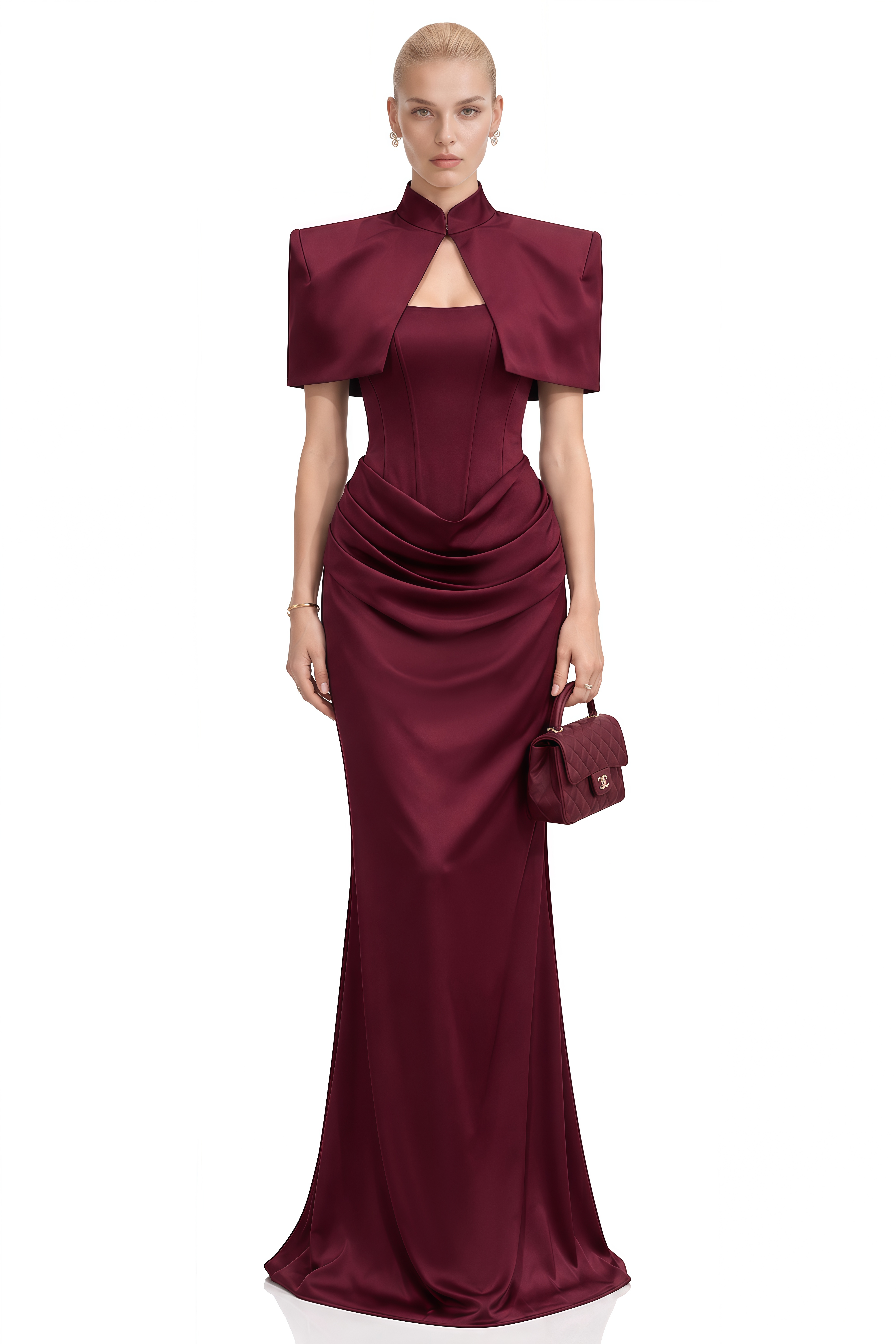 Odette Burgundy Cape Design Draped Maxi Dress