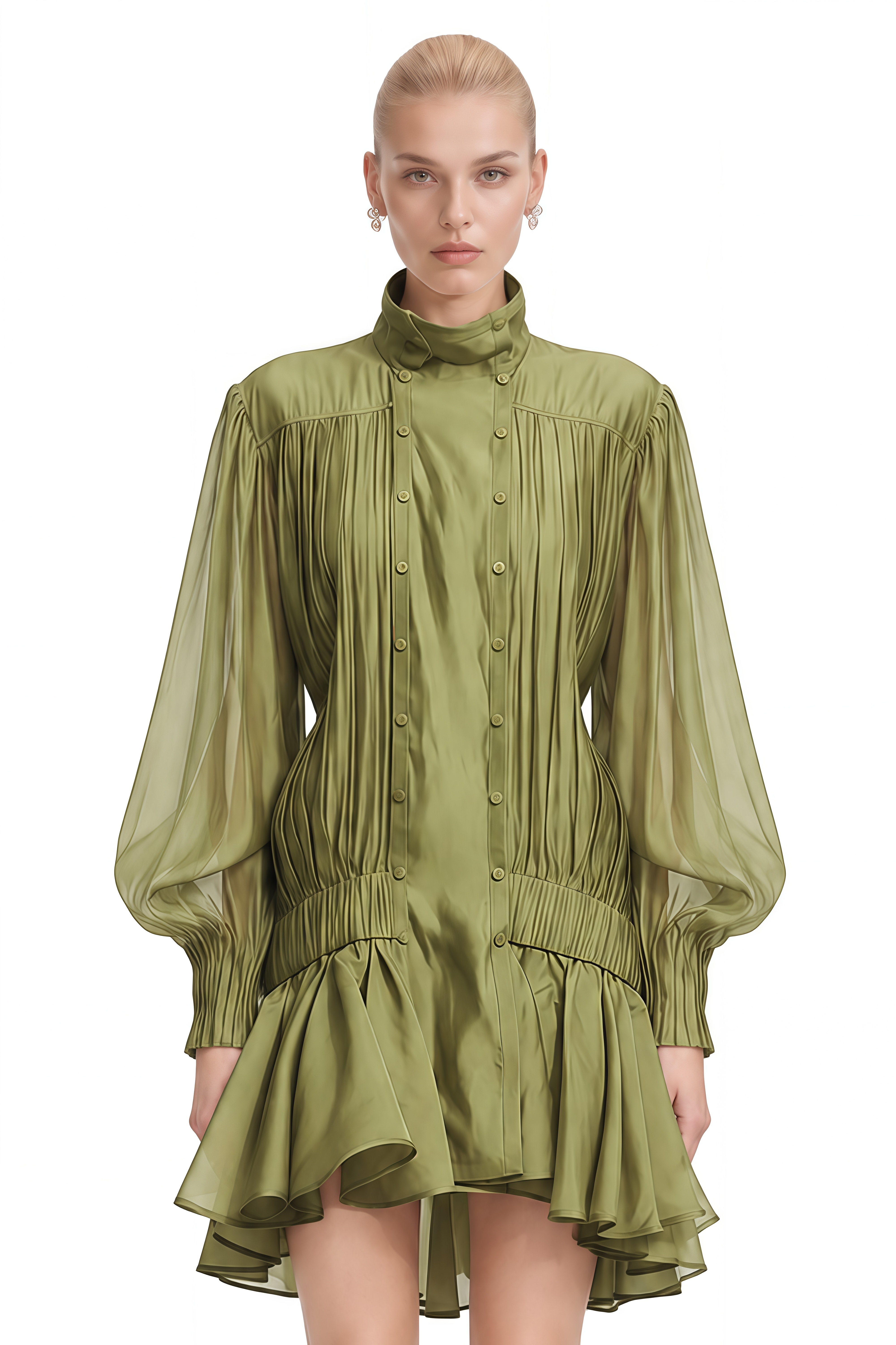 Cosima Olive Green Pleated High-Low Hem Mini Dress