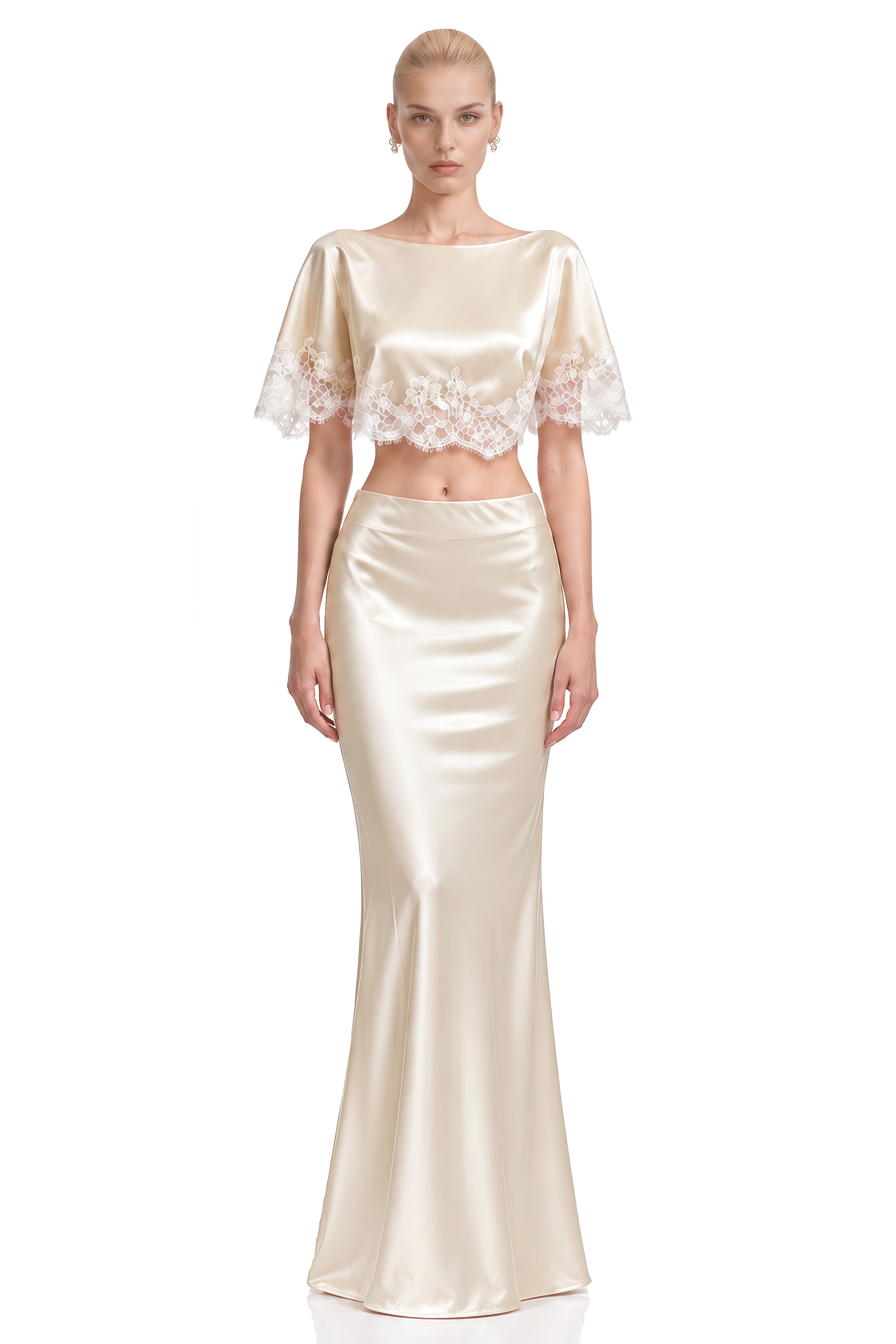 Mila Neutral Round Neck Lace-Trim Cape & Skirt Set