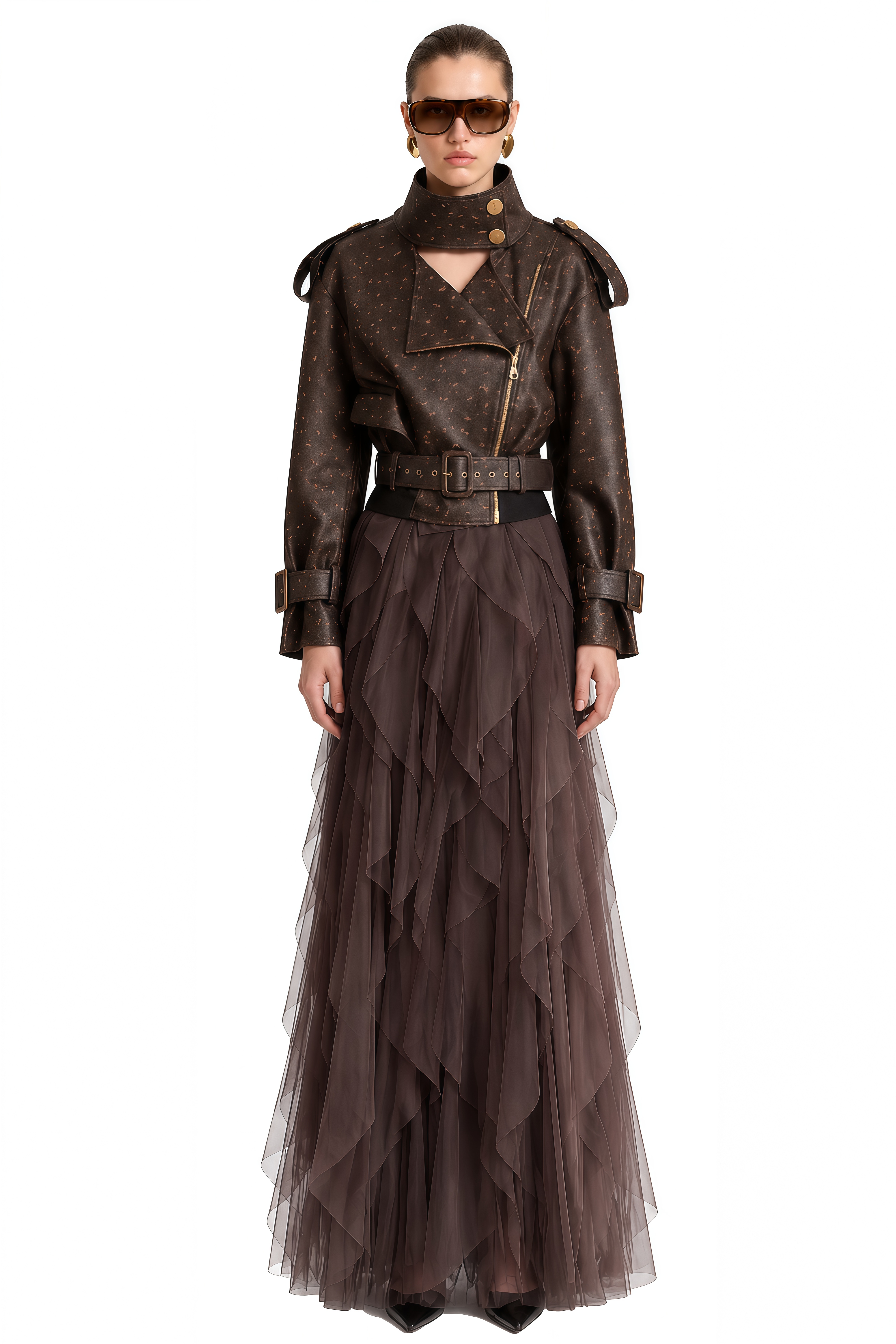 Theodora Brown Structured Ruffled Jacket & Skirt Set
