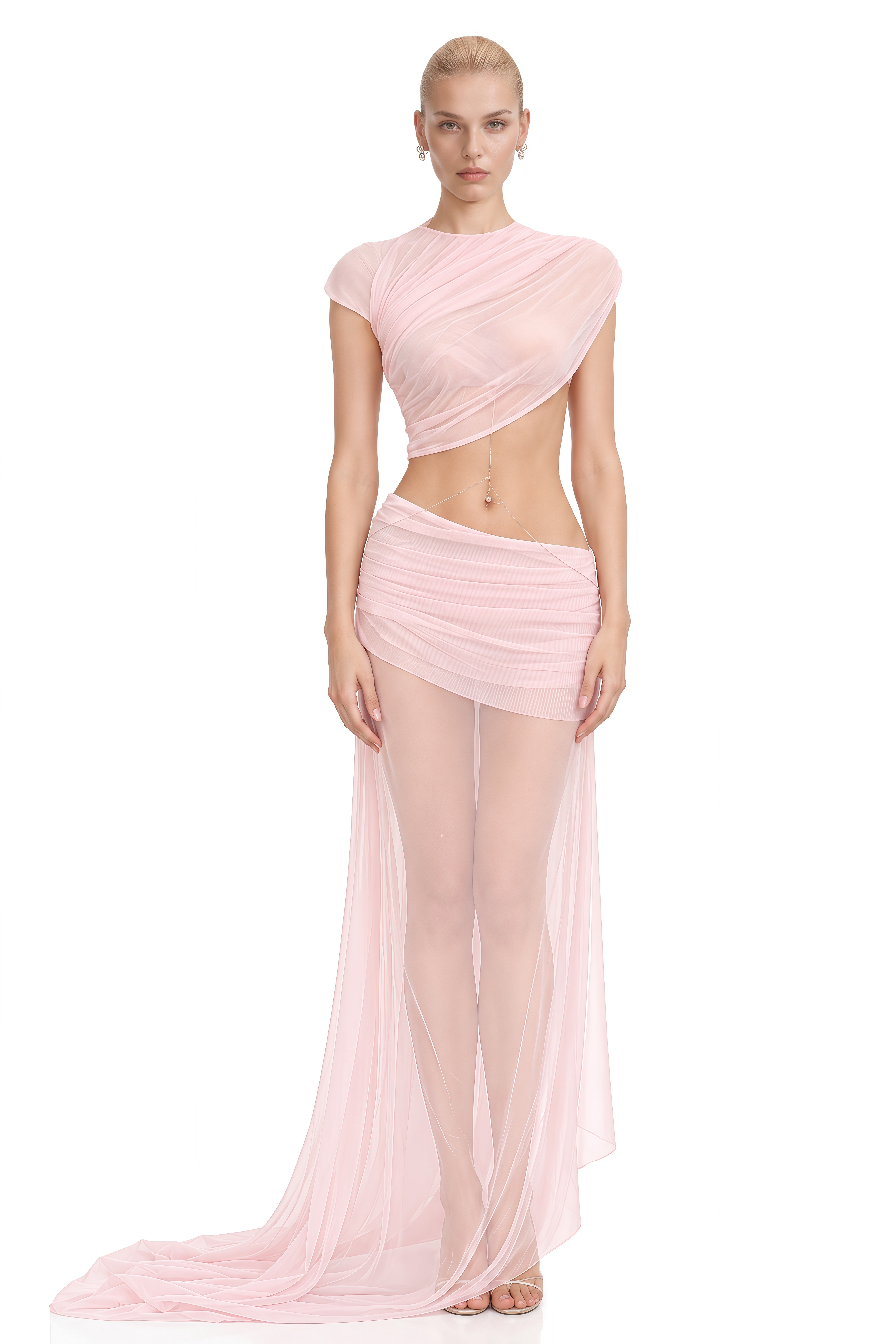 Sienna Light Pink Asymmetrical Draped Top & Skirt Set