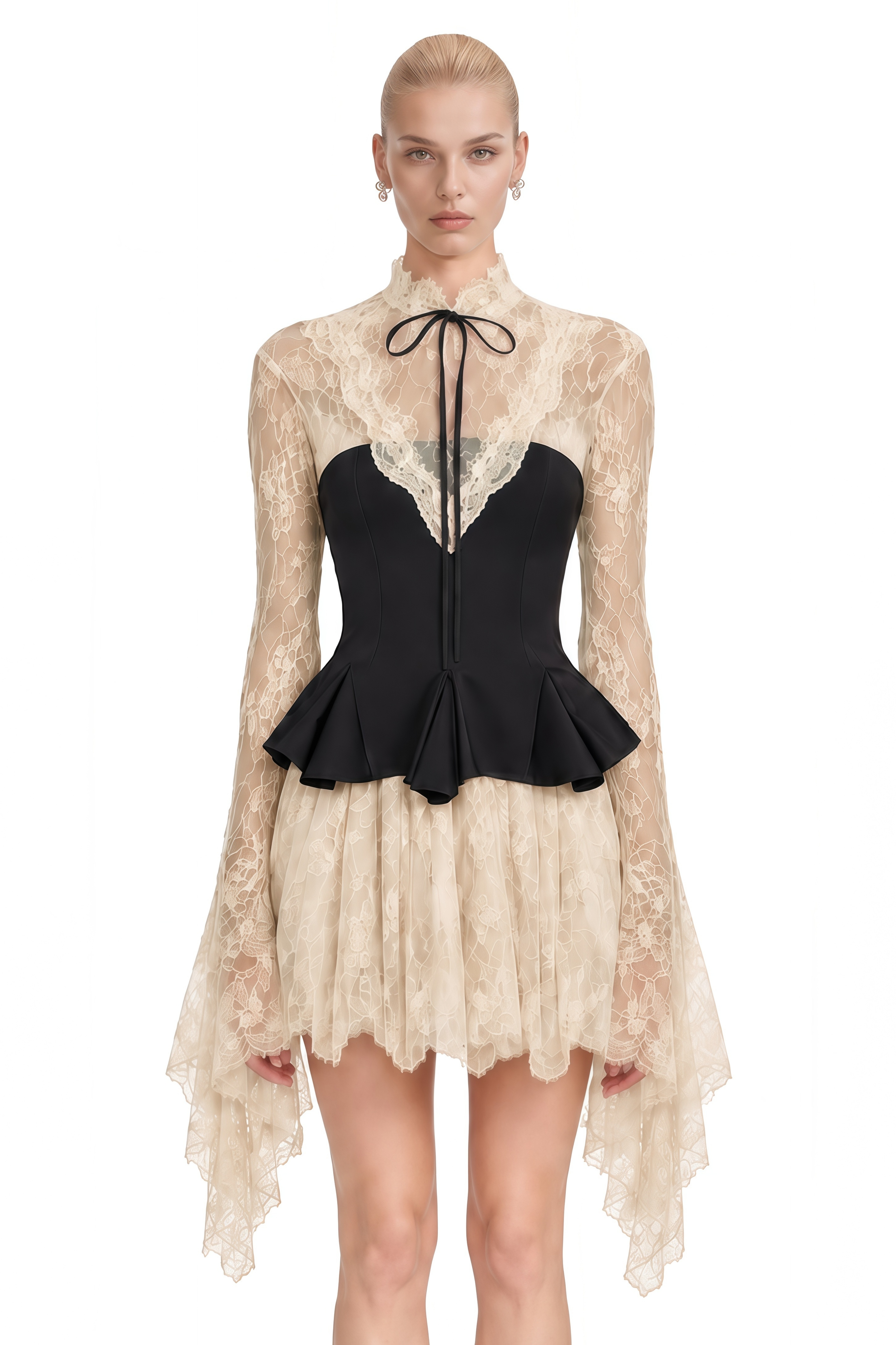 Imogen Neutral High-Neck Lace Mini Dress