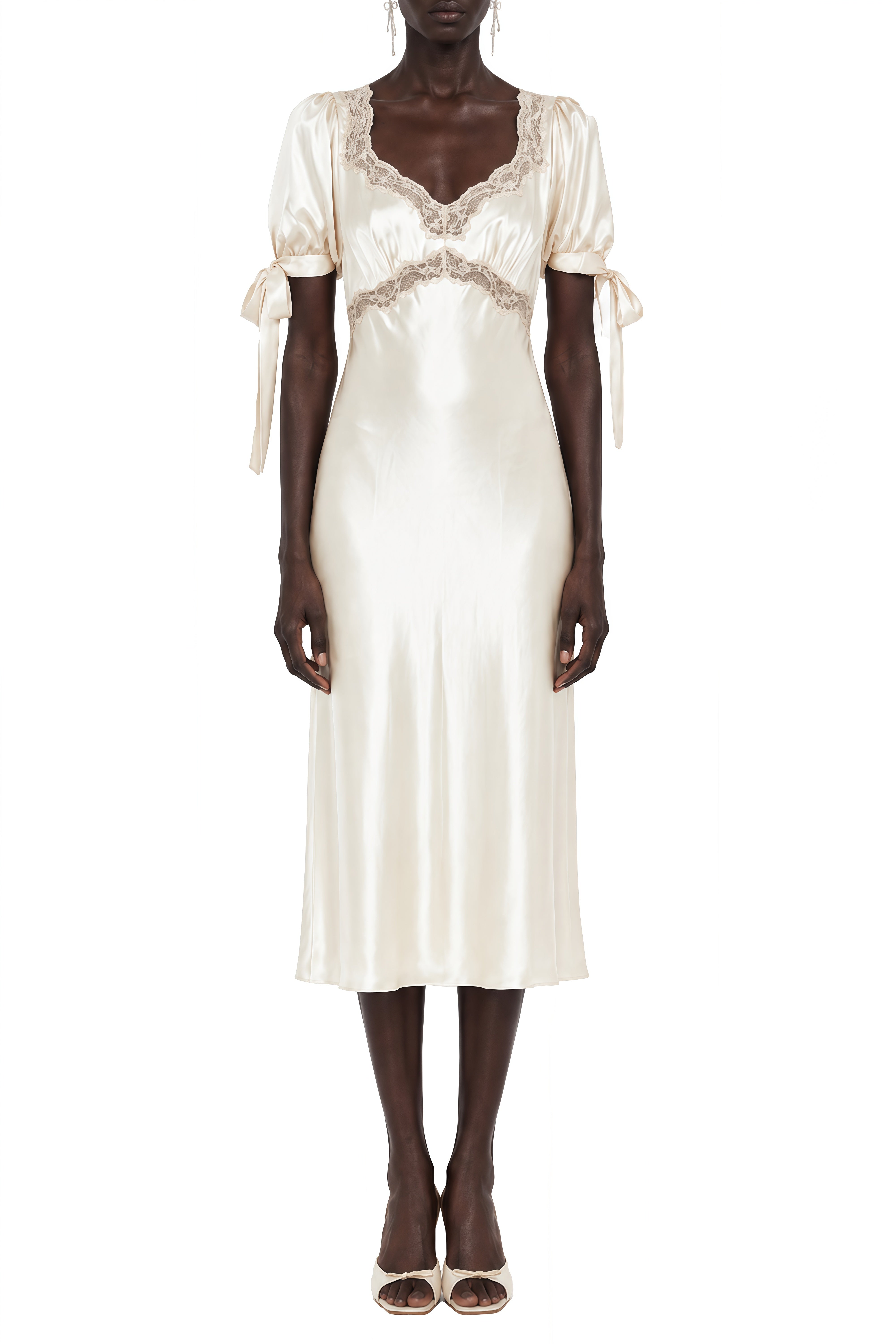 Aurora White Puff Sleeves Lace Midi Dress