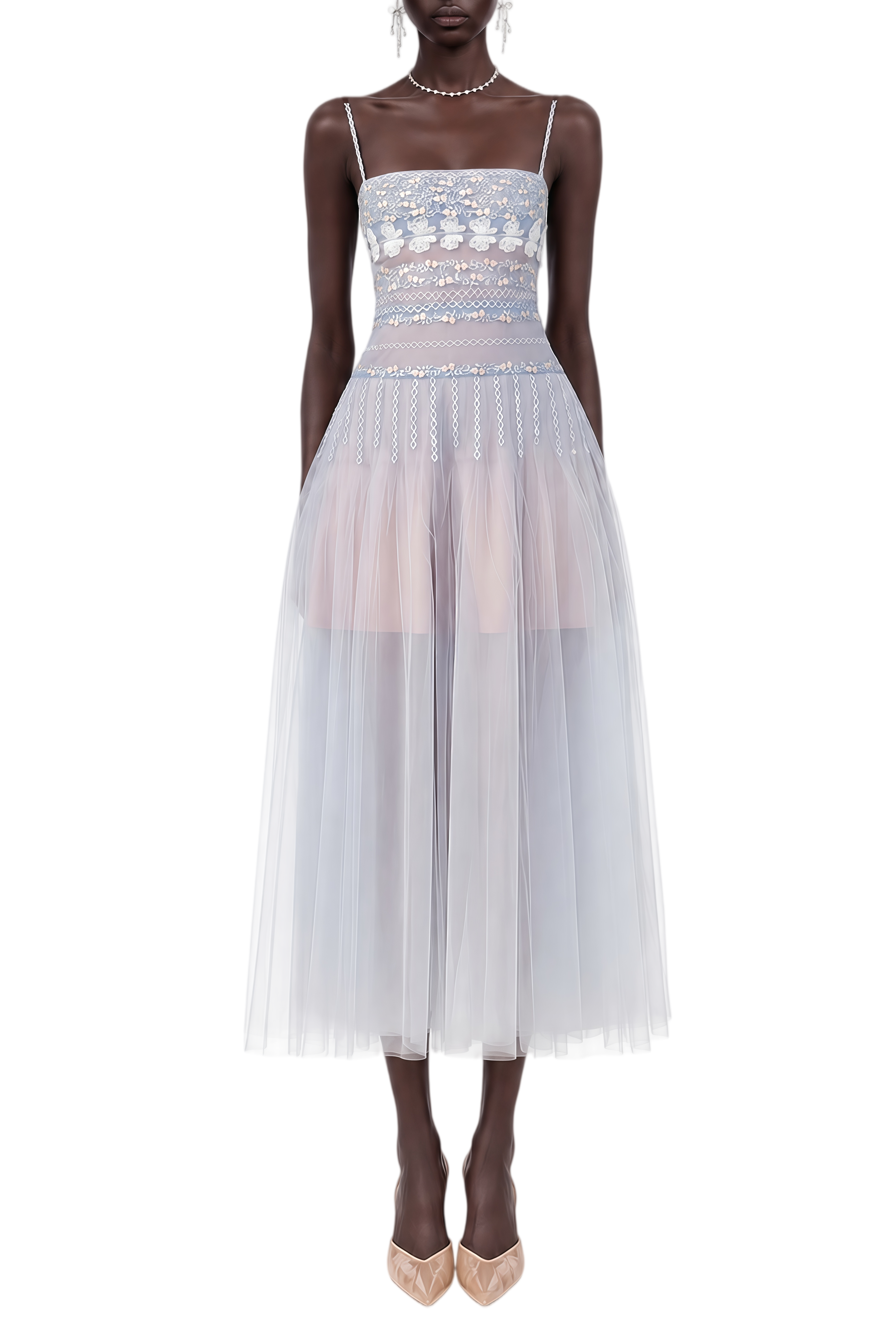 Rosalie Blue Sleeveless Embroidered Midi Dress