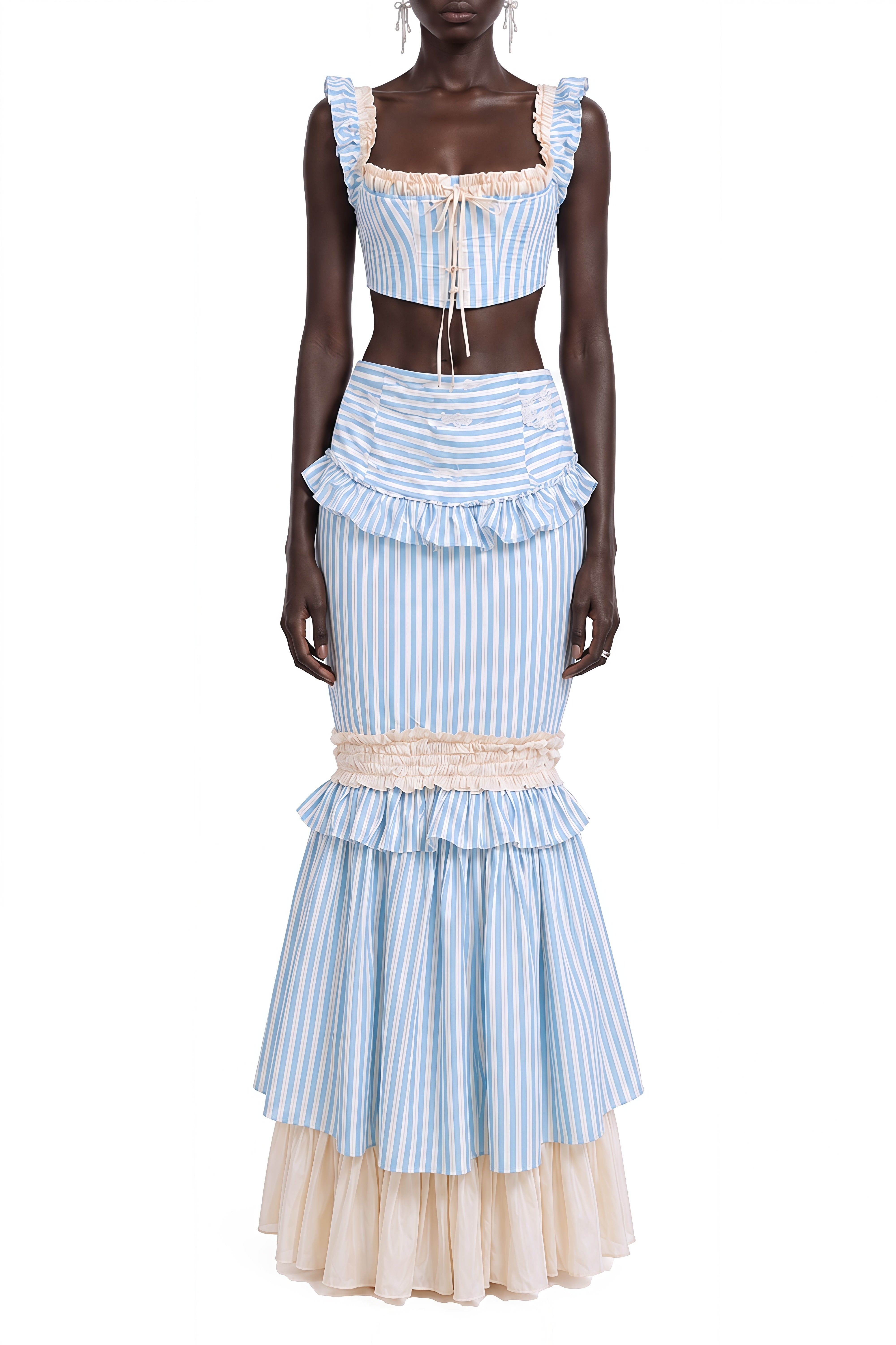 Daphne Blue Striped Ruched Top & Skirt Set