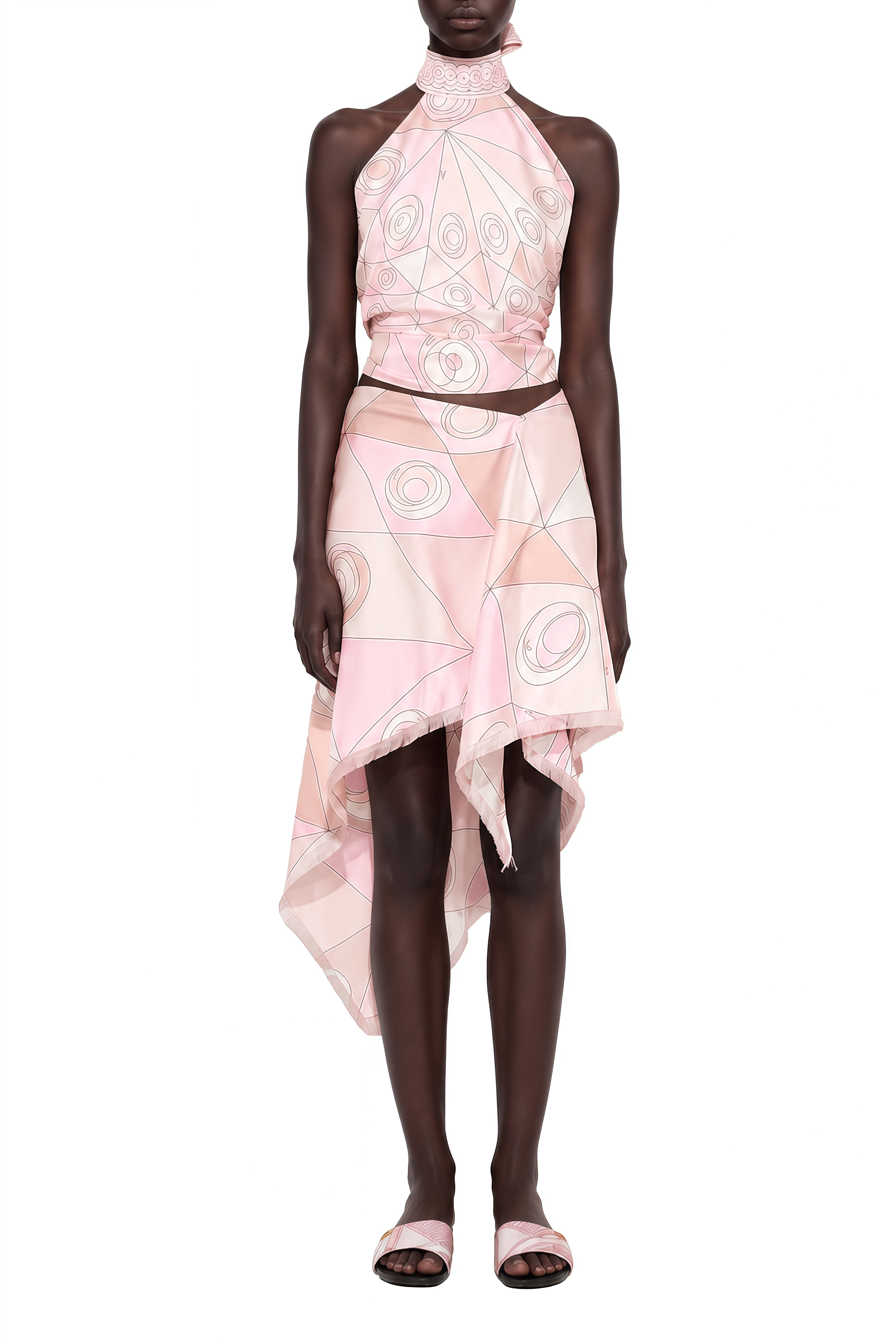 Amara Pink Abstract Print Asymmetrical Top & Skirt Set