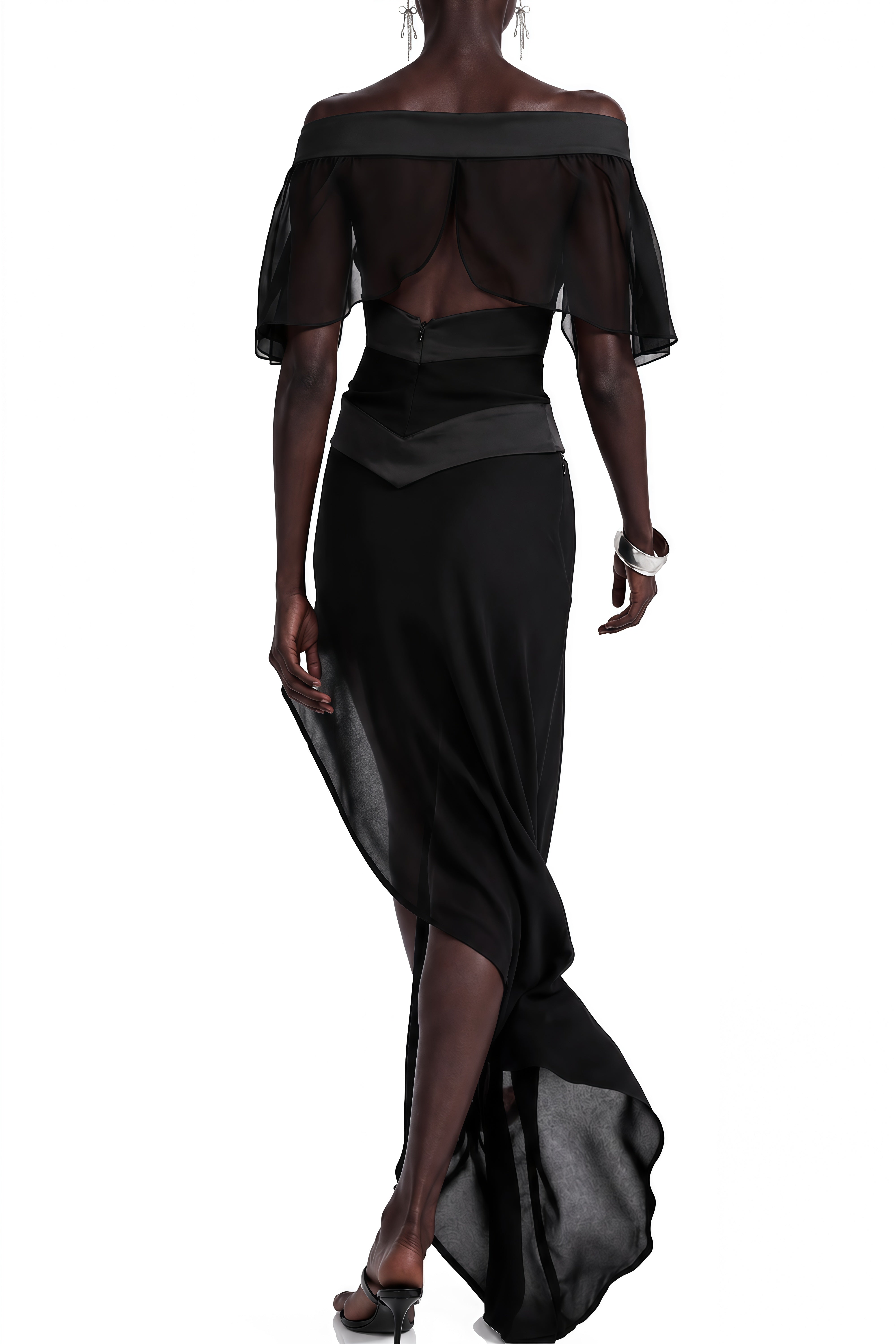 Clover Black Off Shoulder Asymmetrical Top & Skirt Set