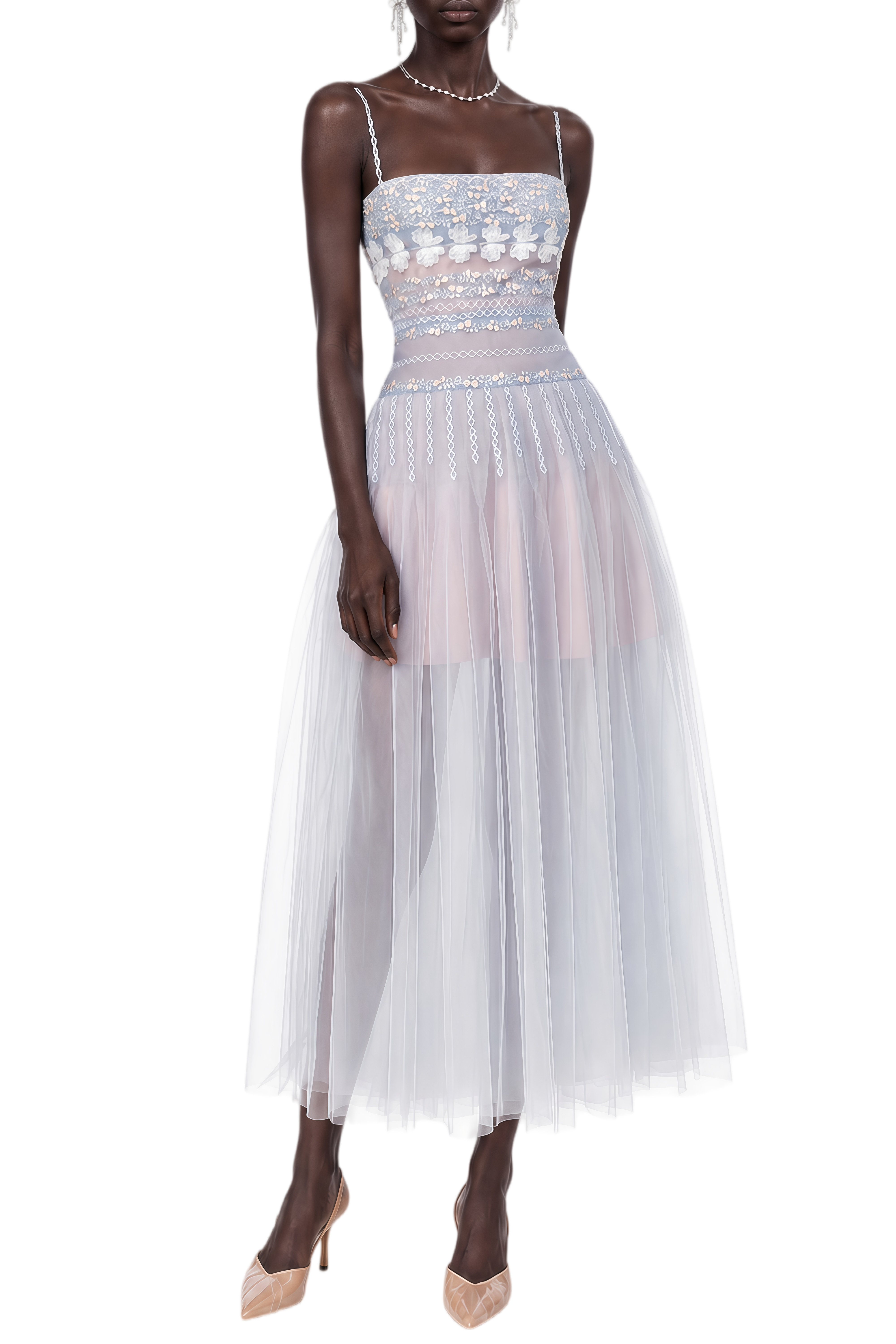 Rosalie Blue Sleeveless Embroidered Midi Dress
