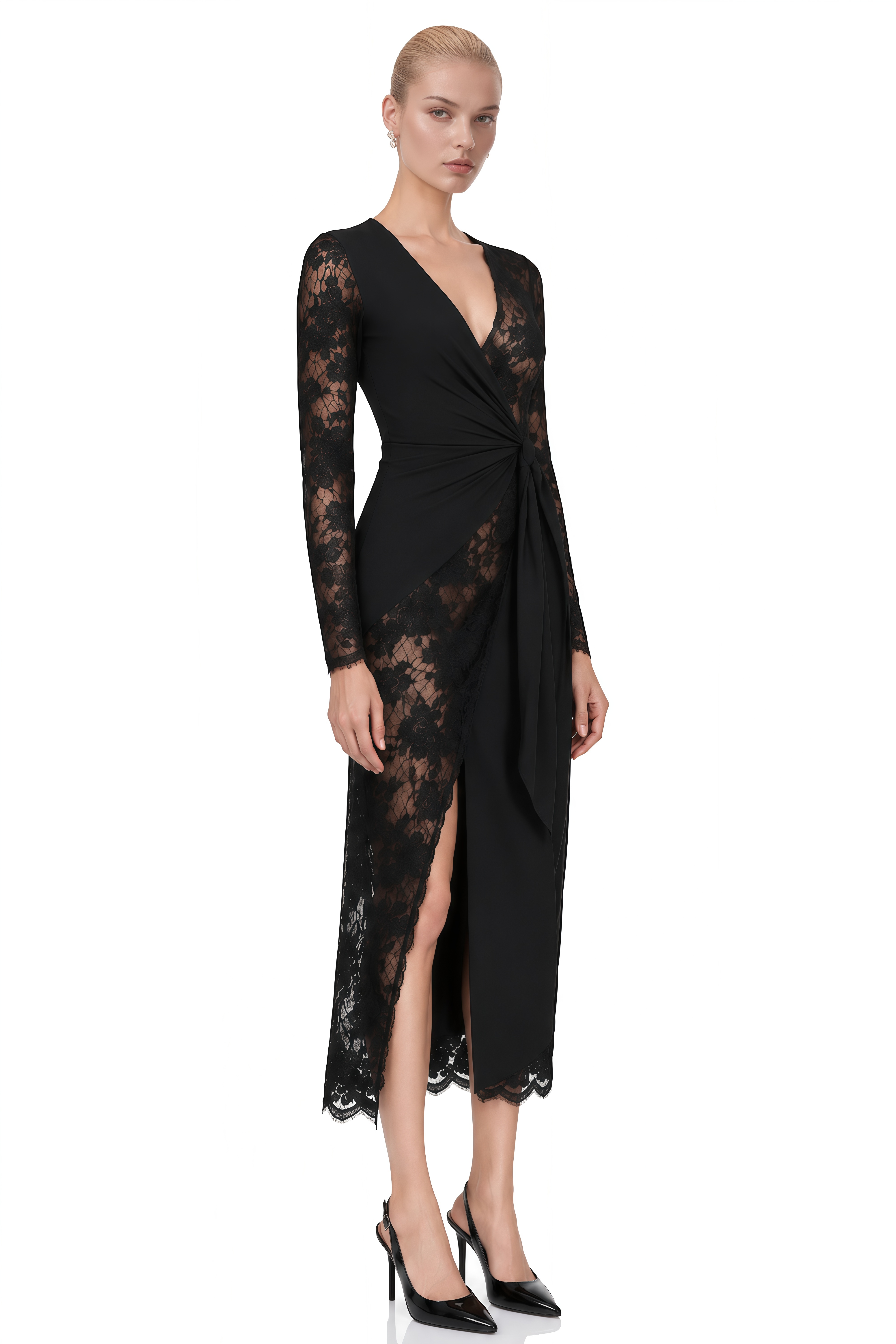 Portia Black V-Neck Asymmetrical Midi Dress