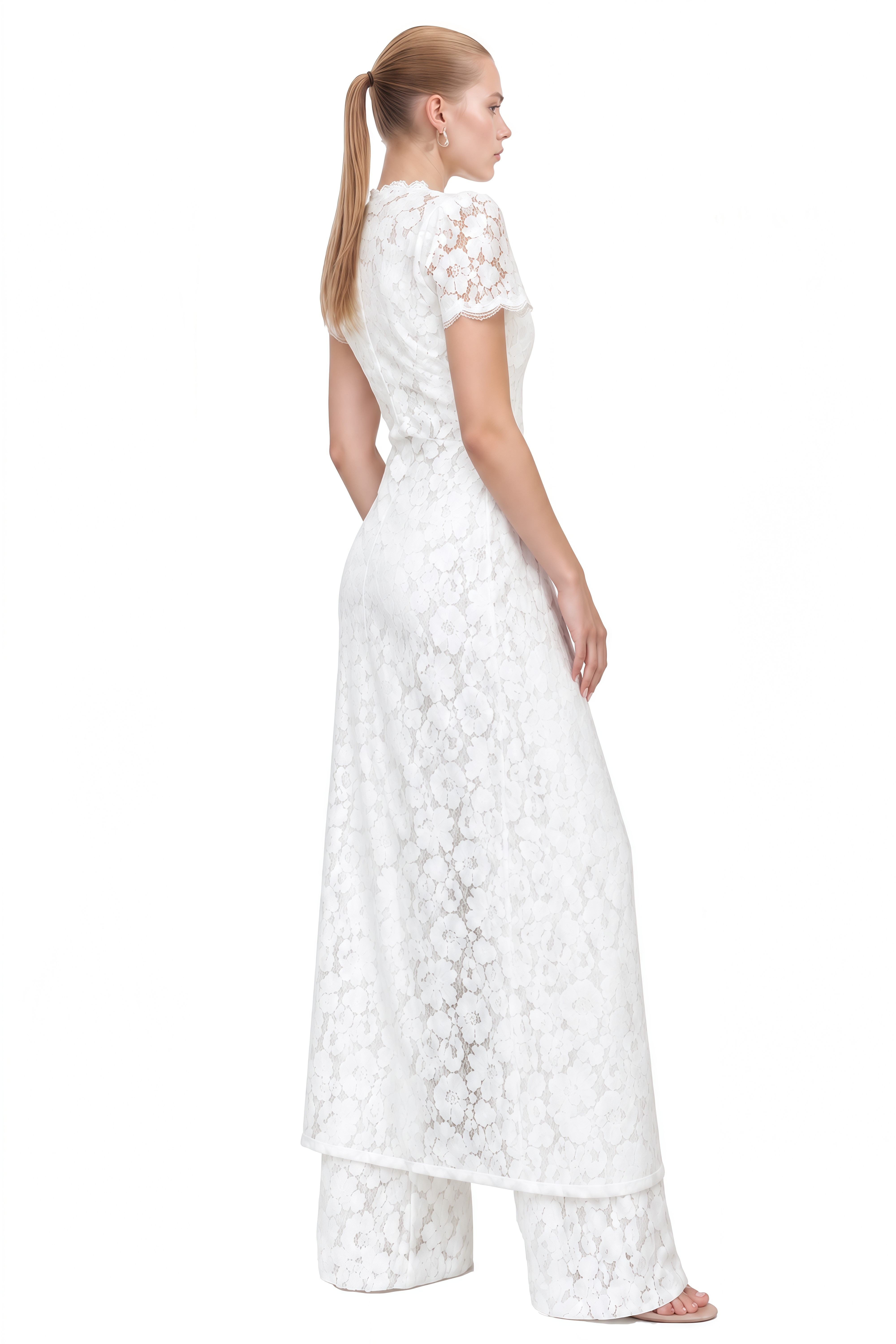 Clarisse White Short Sleeves Lace Blouse & Trousers Set