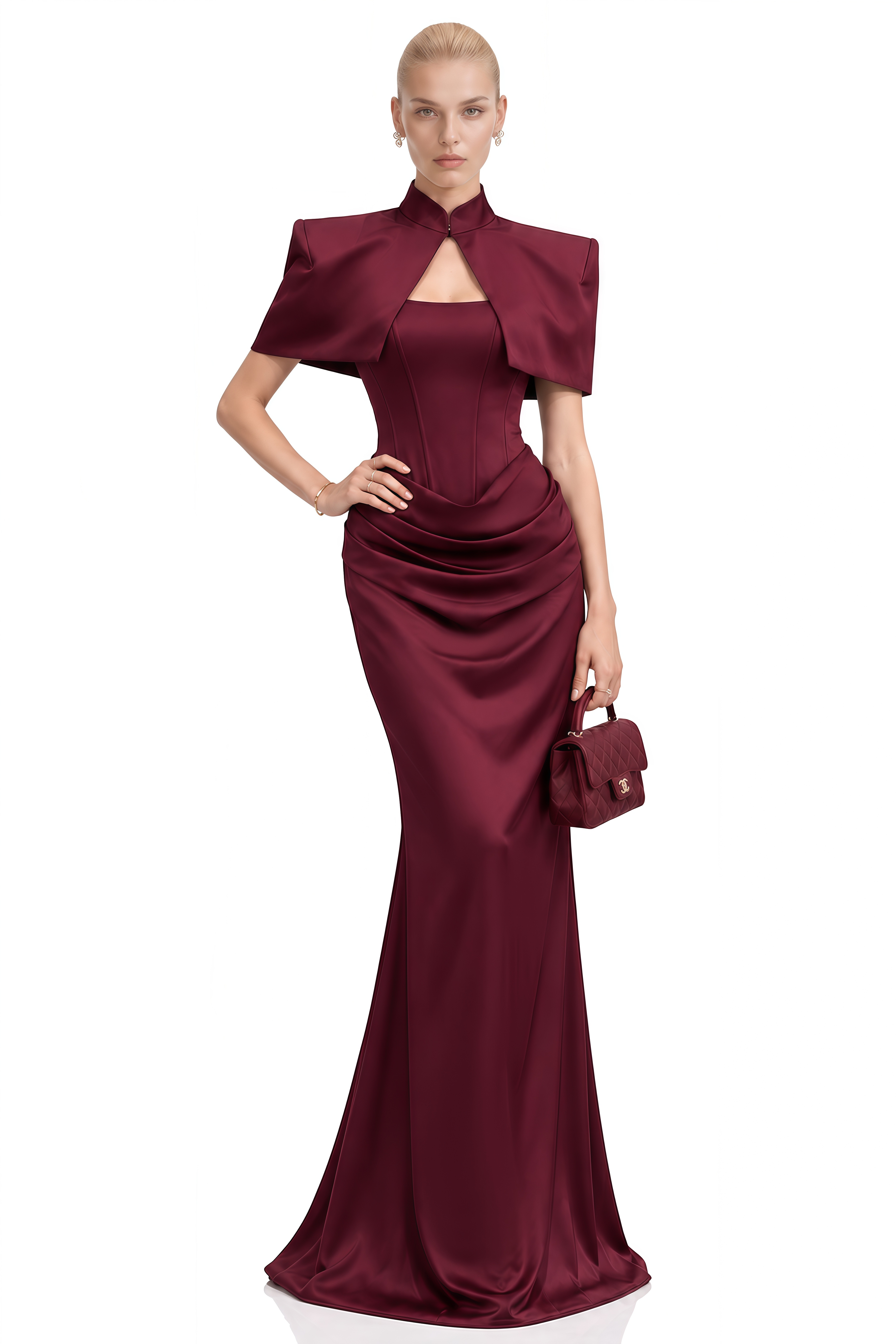 Odette Burgundy Cape Design Draped Maxi Dress