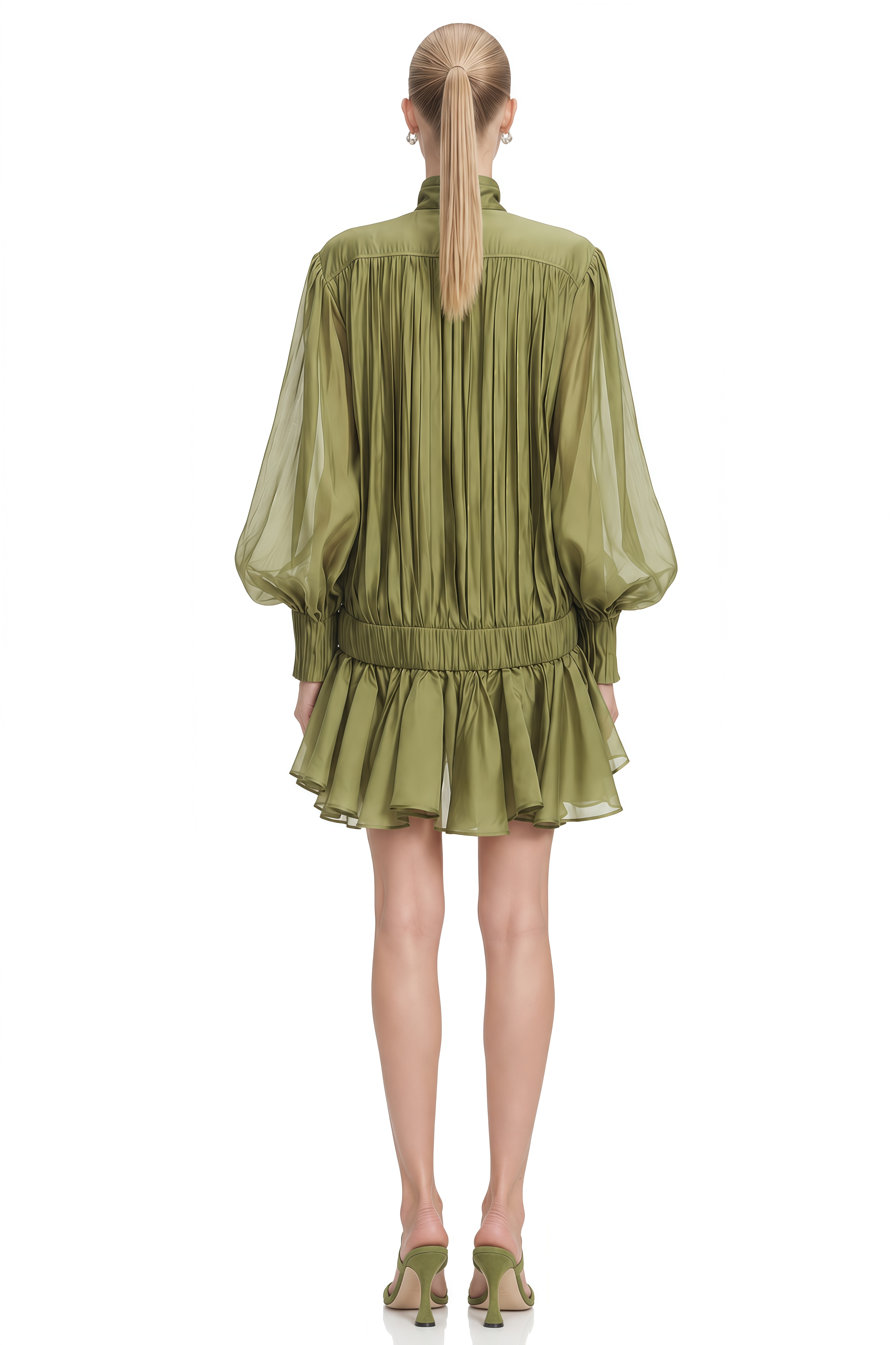 Cosima Olive Green Pleated High-Low Hem Mini Dress