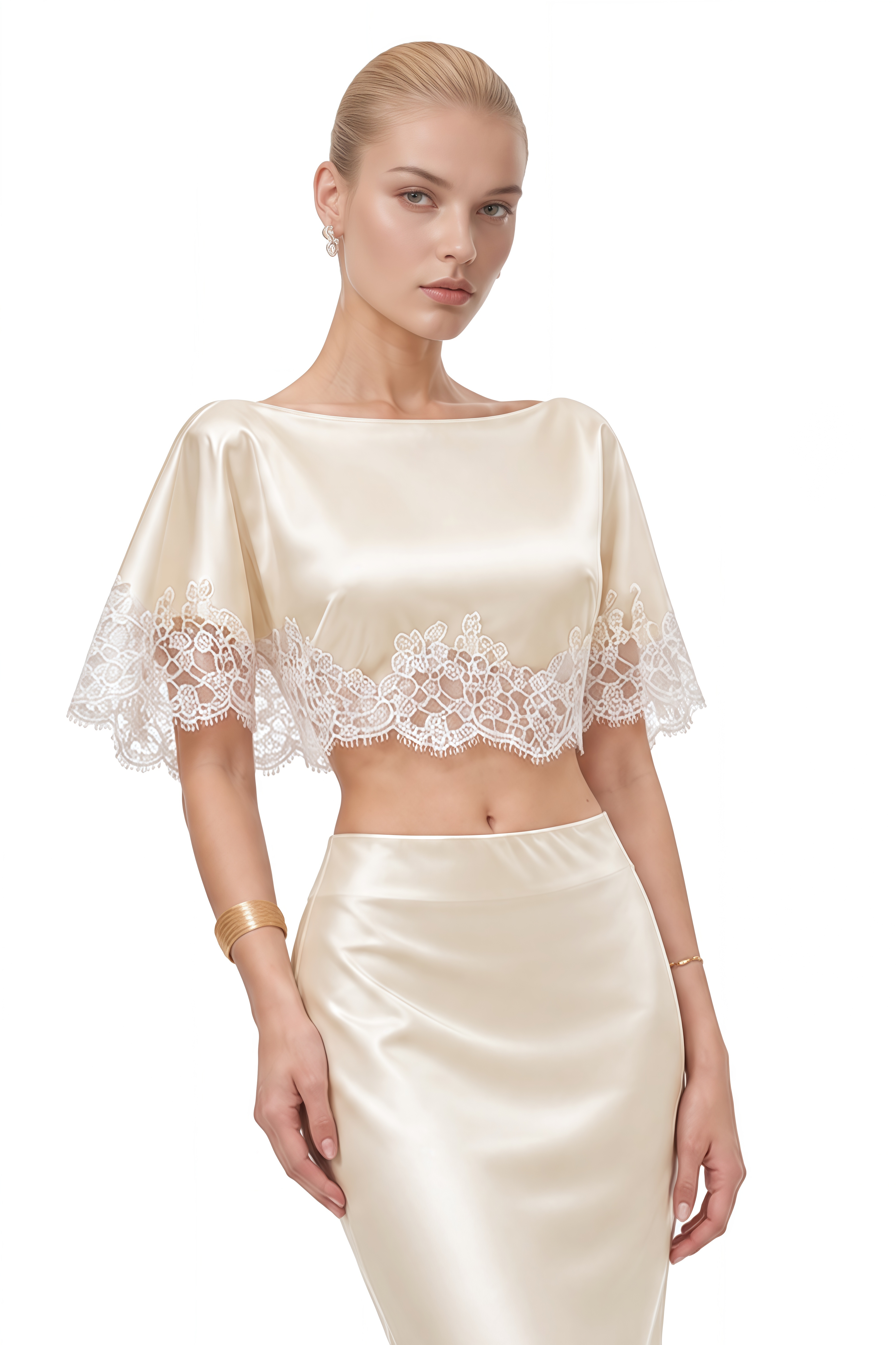 Mila Neutral Round Neck Lace-Trim Cape & Skirt Set