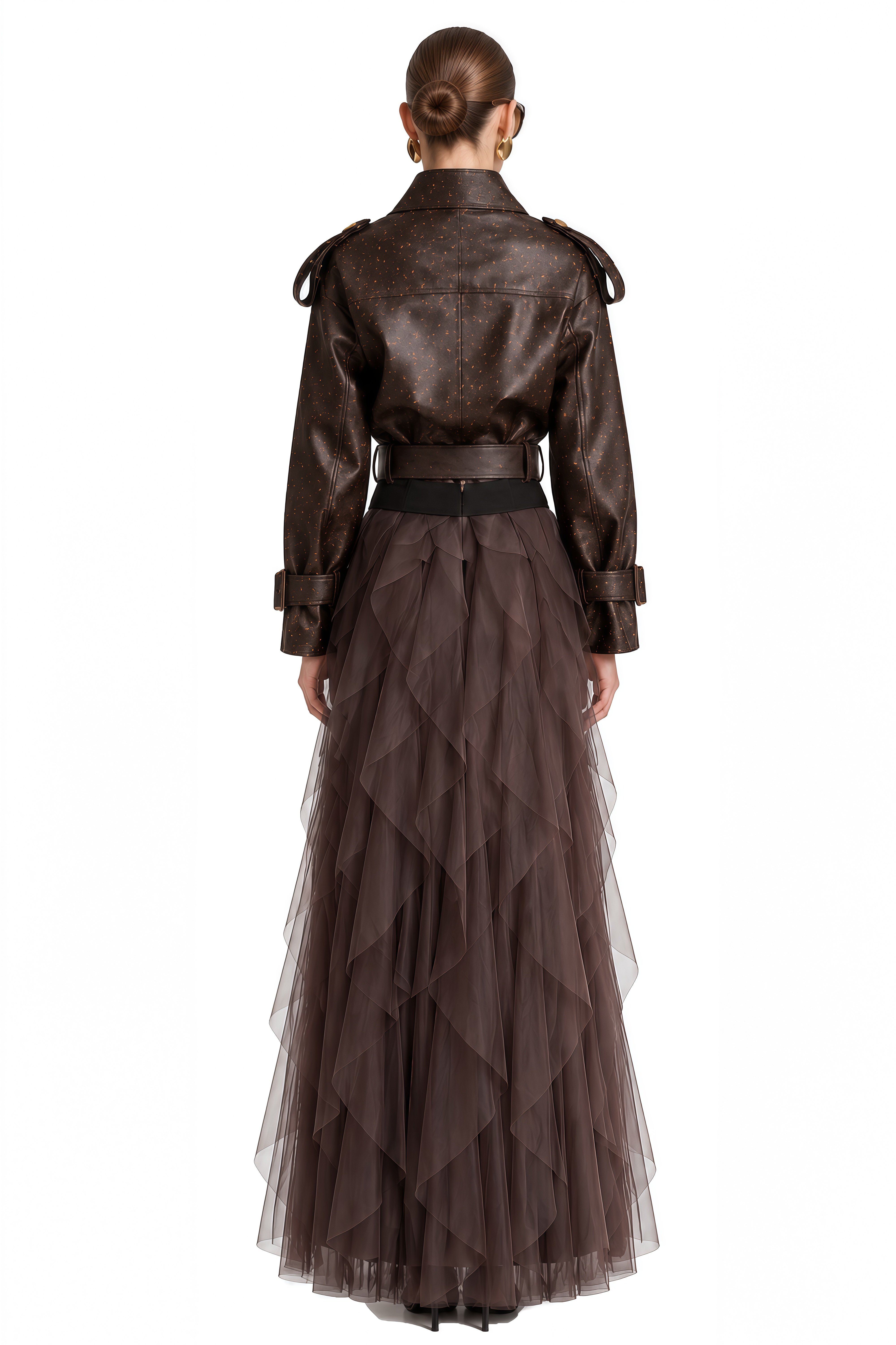Theodora Brown Structured Ruffled Jacket & Skirt Set