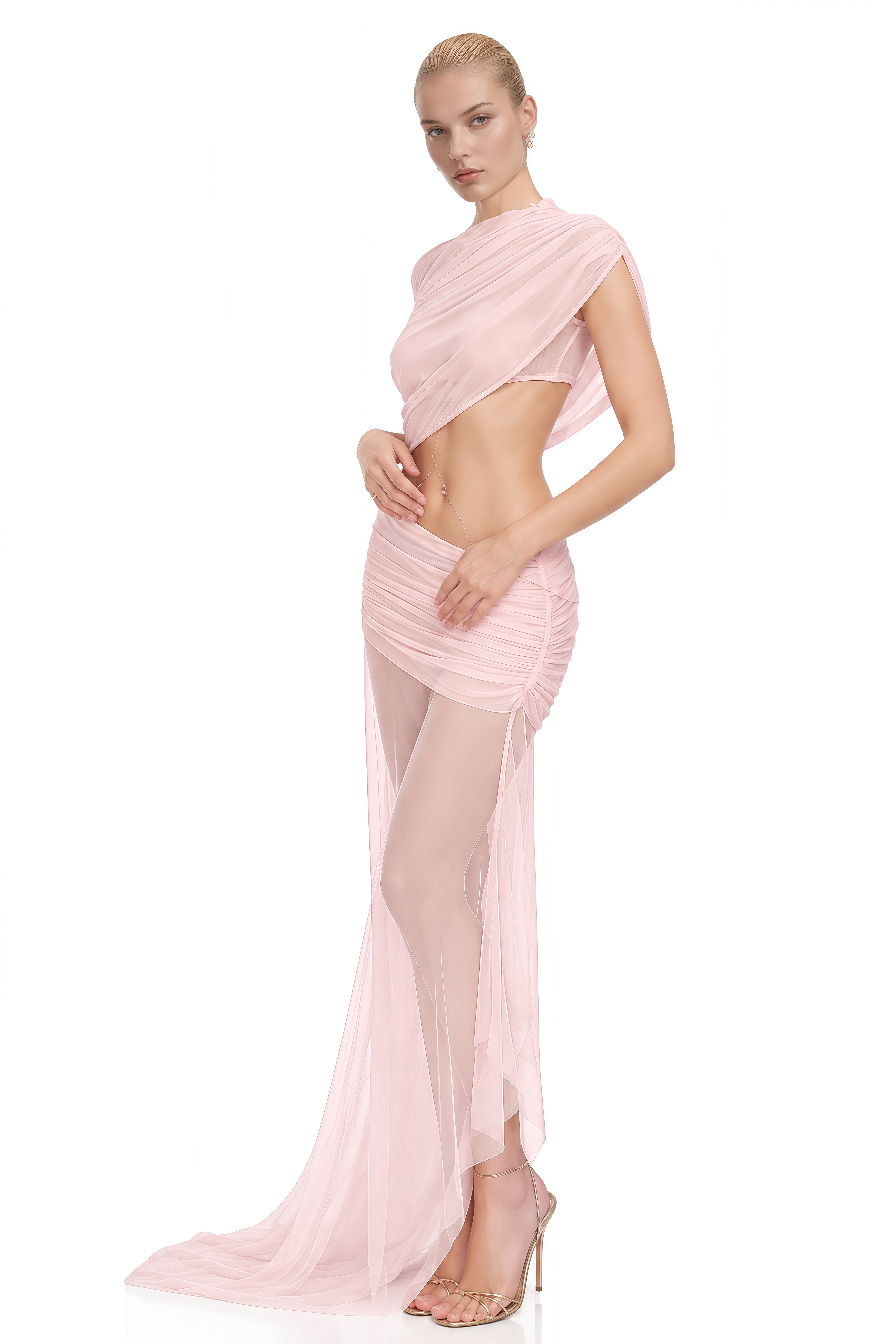 Sienna Light Pink Asymmetrical Draped Top & Skirt Set