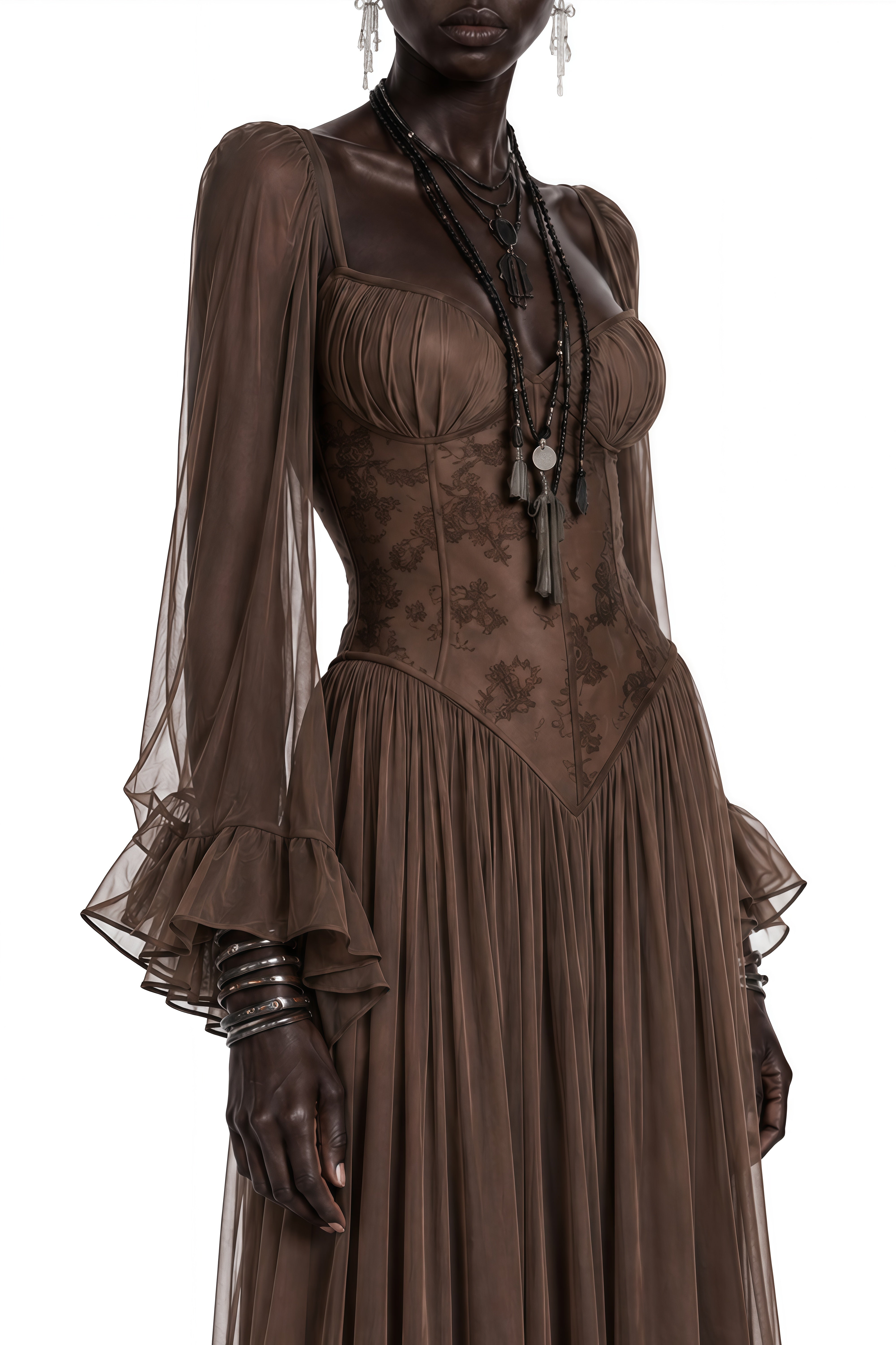 Portia Brown Long Sleeves Ruffled Midi Dress