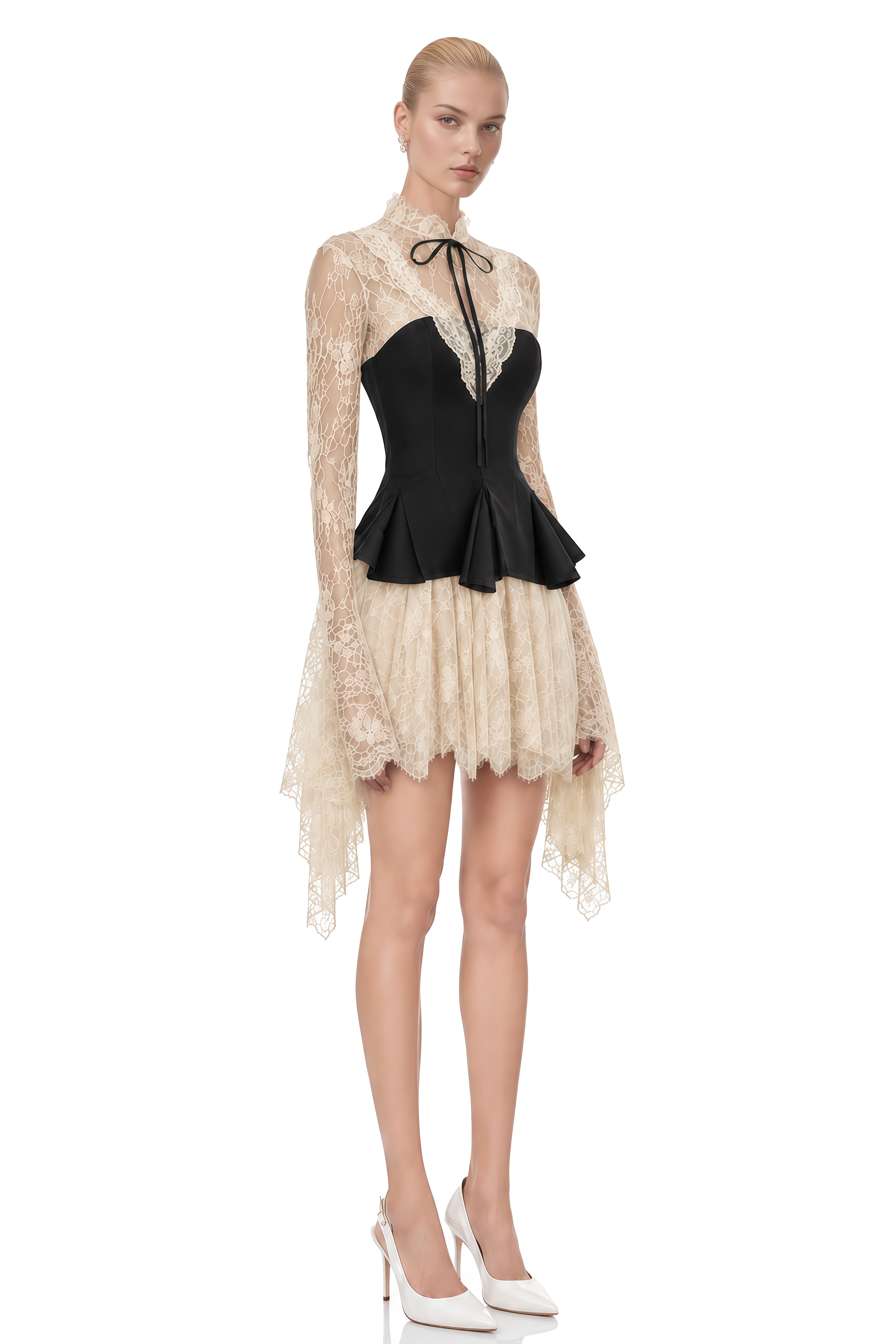 Imogen Neutral High-Neck Lace Mini Dress