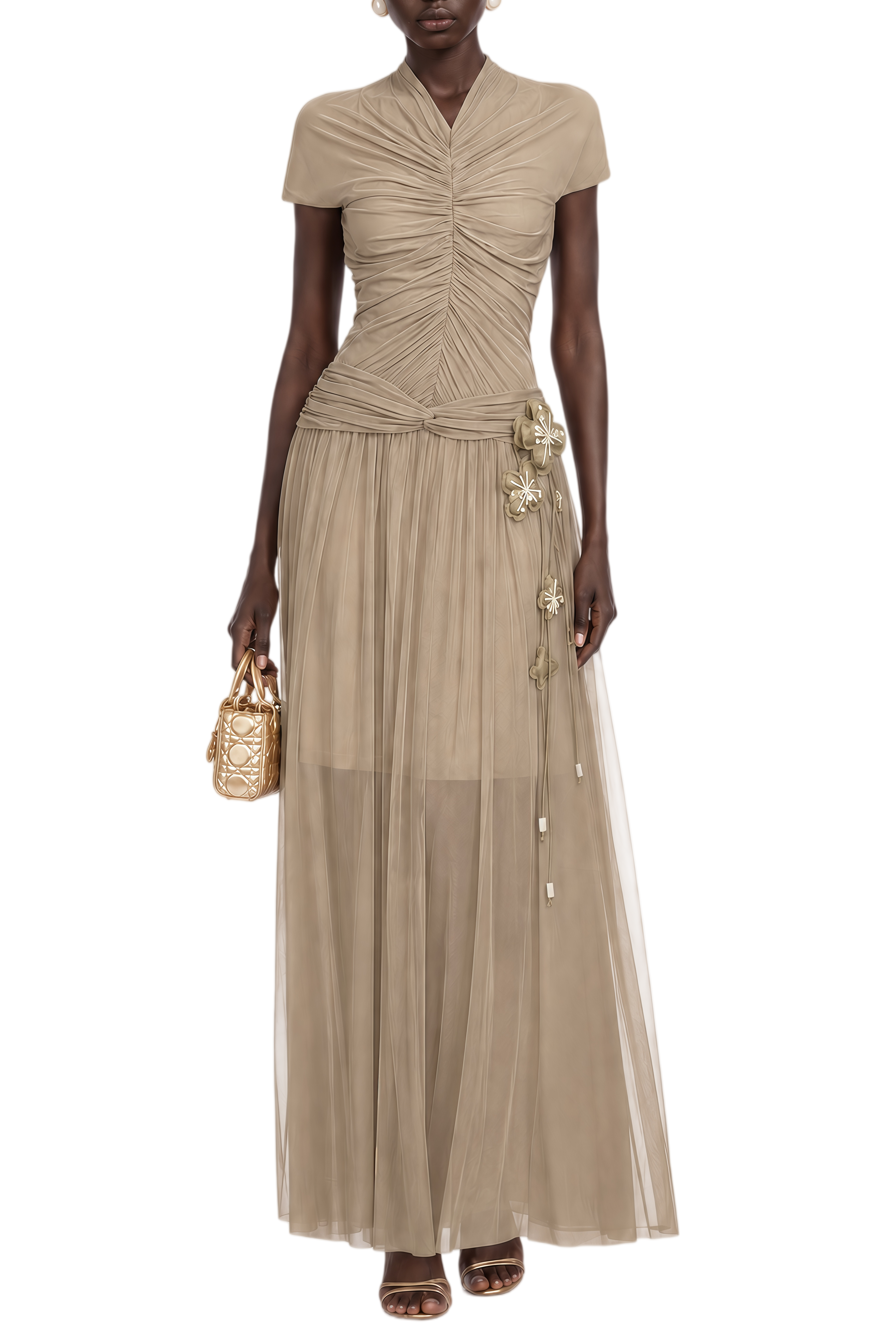 Catherine Brown V-Neck Ruched Maxi Dress