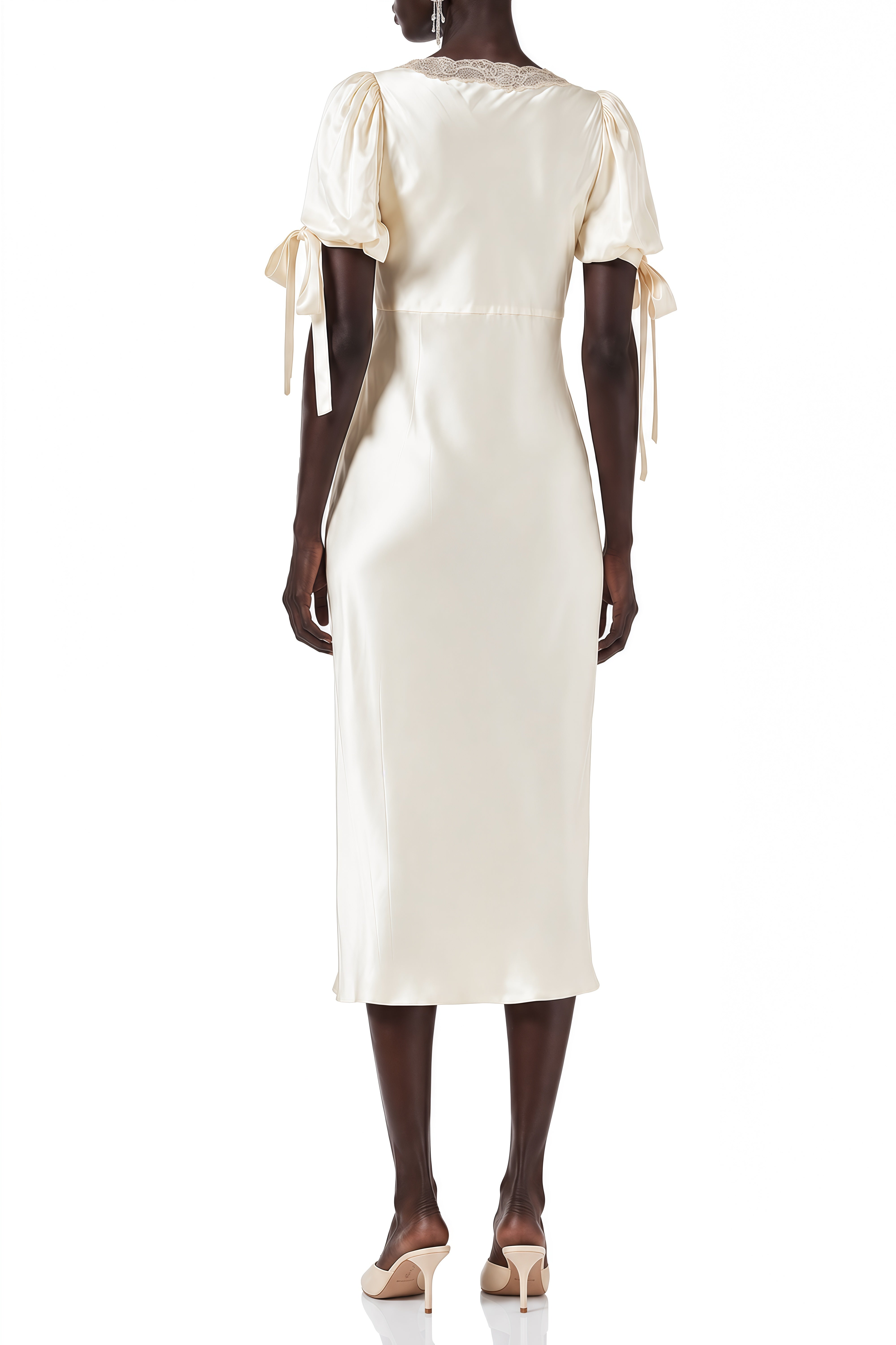 Aurora White Puff Sleeves Lace Midi Dress