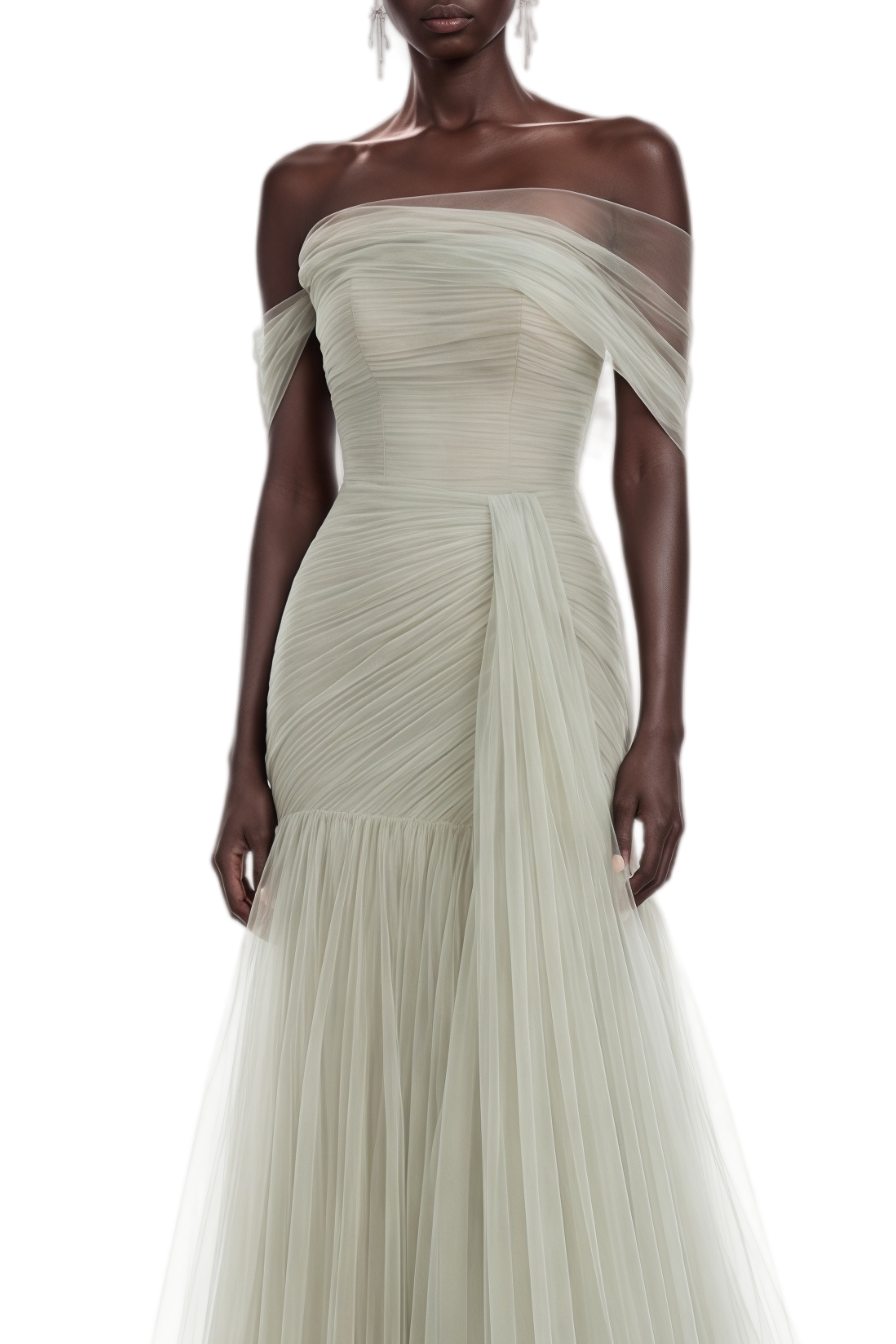 Mireille Pale Green Off-Shoulder Sleeveless Maxi Dress