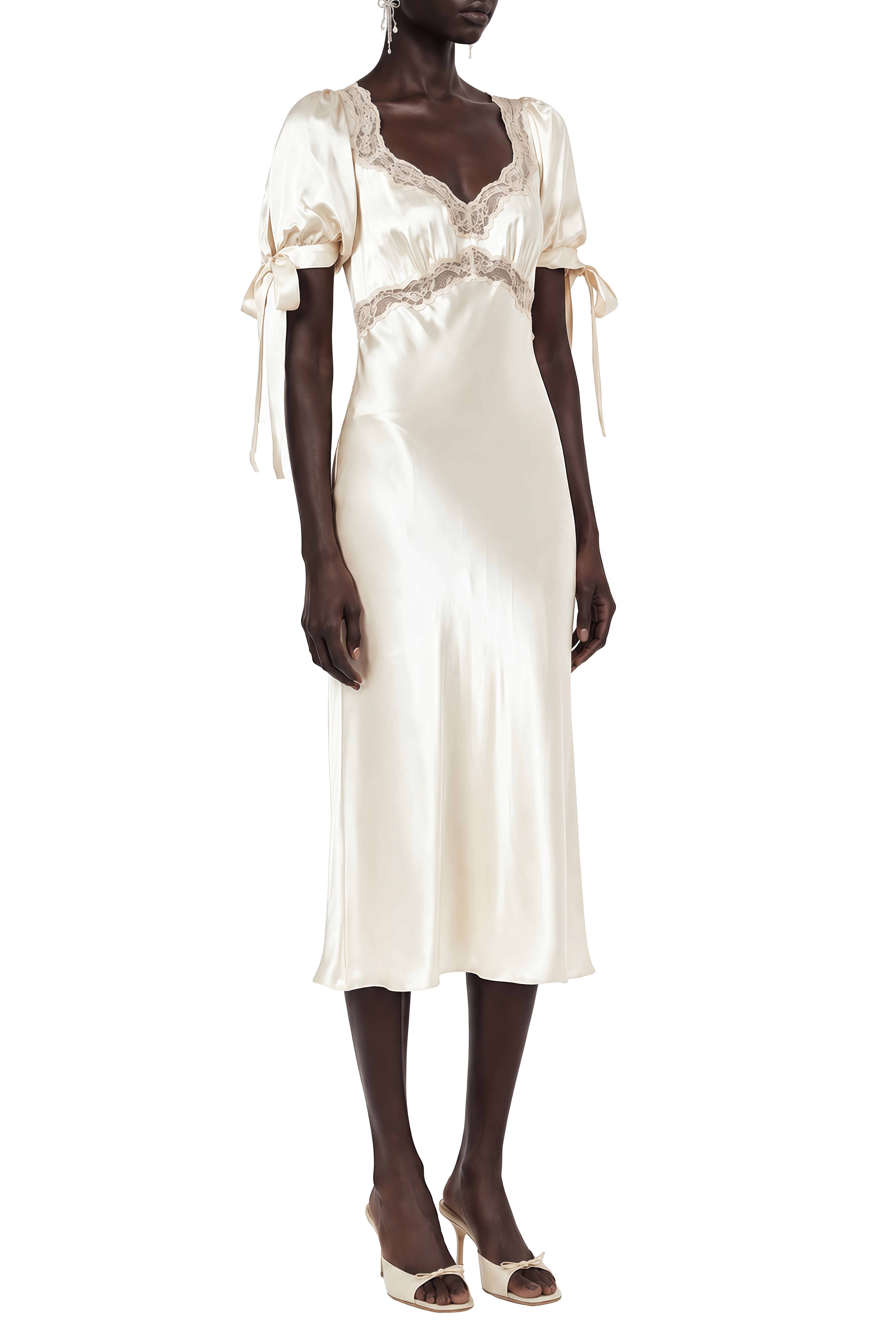 Aurora White Puff Sleeves Lace Midi Dress